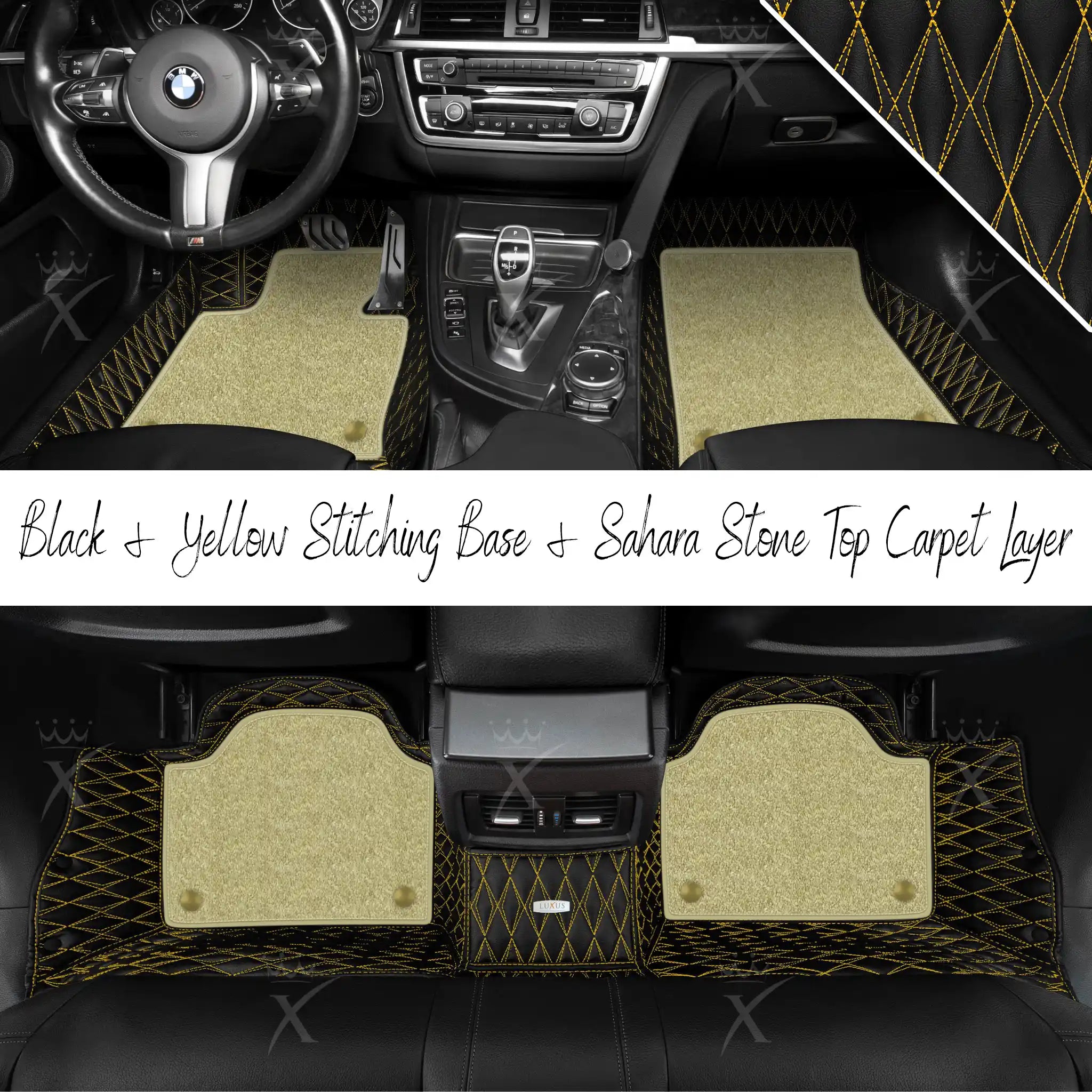 Black & Yellow Stitching Twin Diamond & Sahara Stone Carpet | Double Layer Luxury Car Mats Set