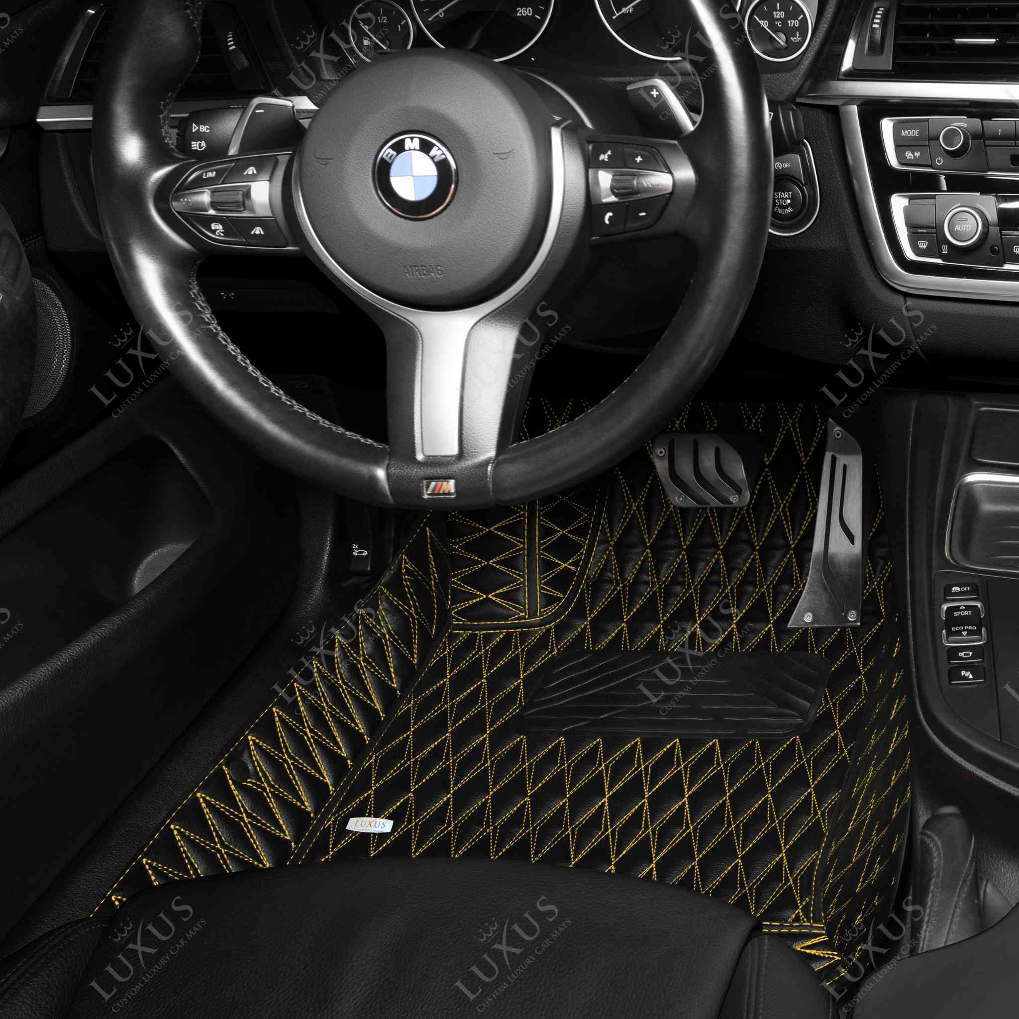 Luxus Premium Twin-Diamond Custom Luxury Car Mats Set | Black & Yellow Stitching