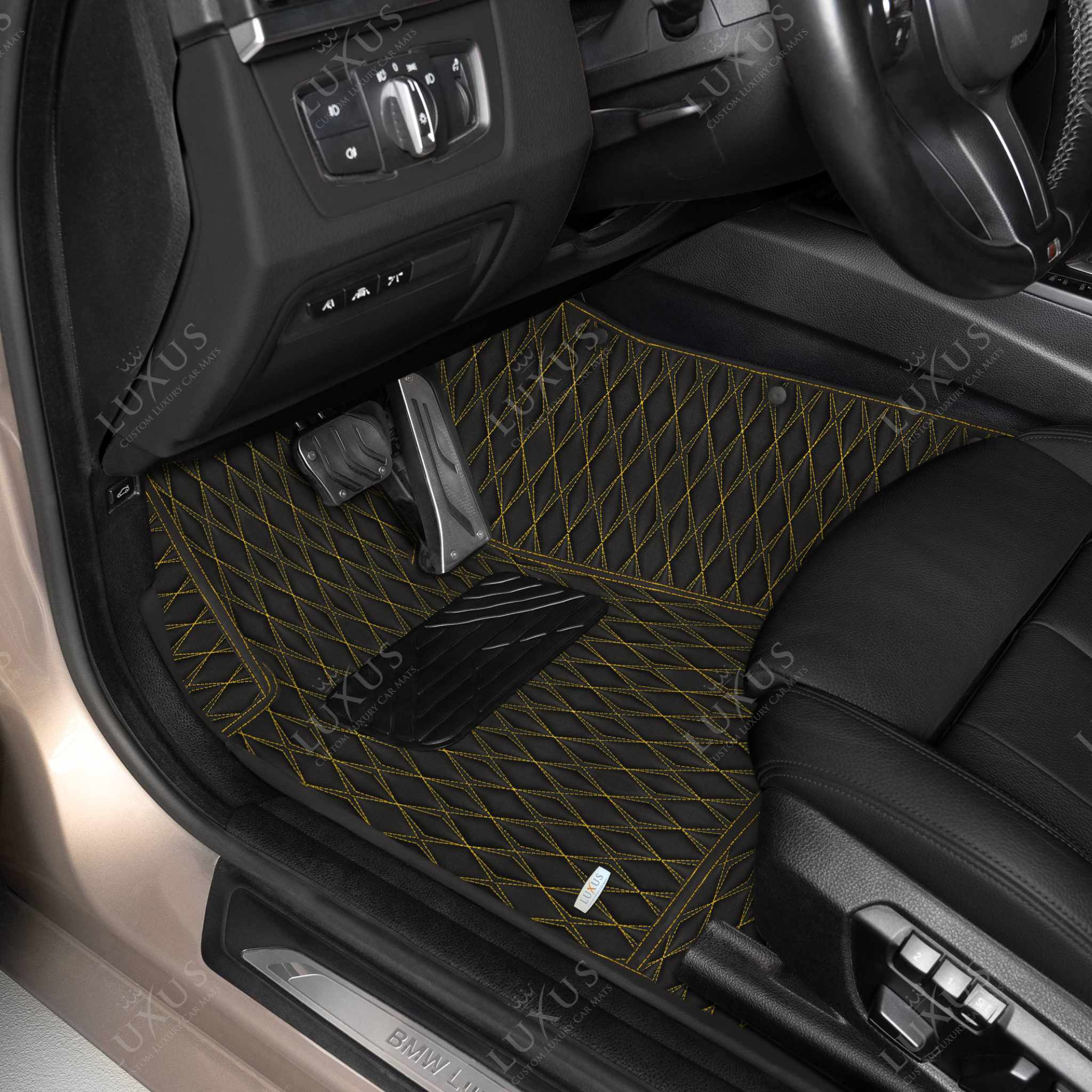 Luxus Premium Twin-Diamond Custom Luxury Car Mats Set | Black & Yellow Stitching