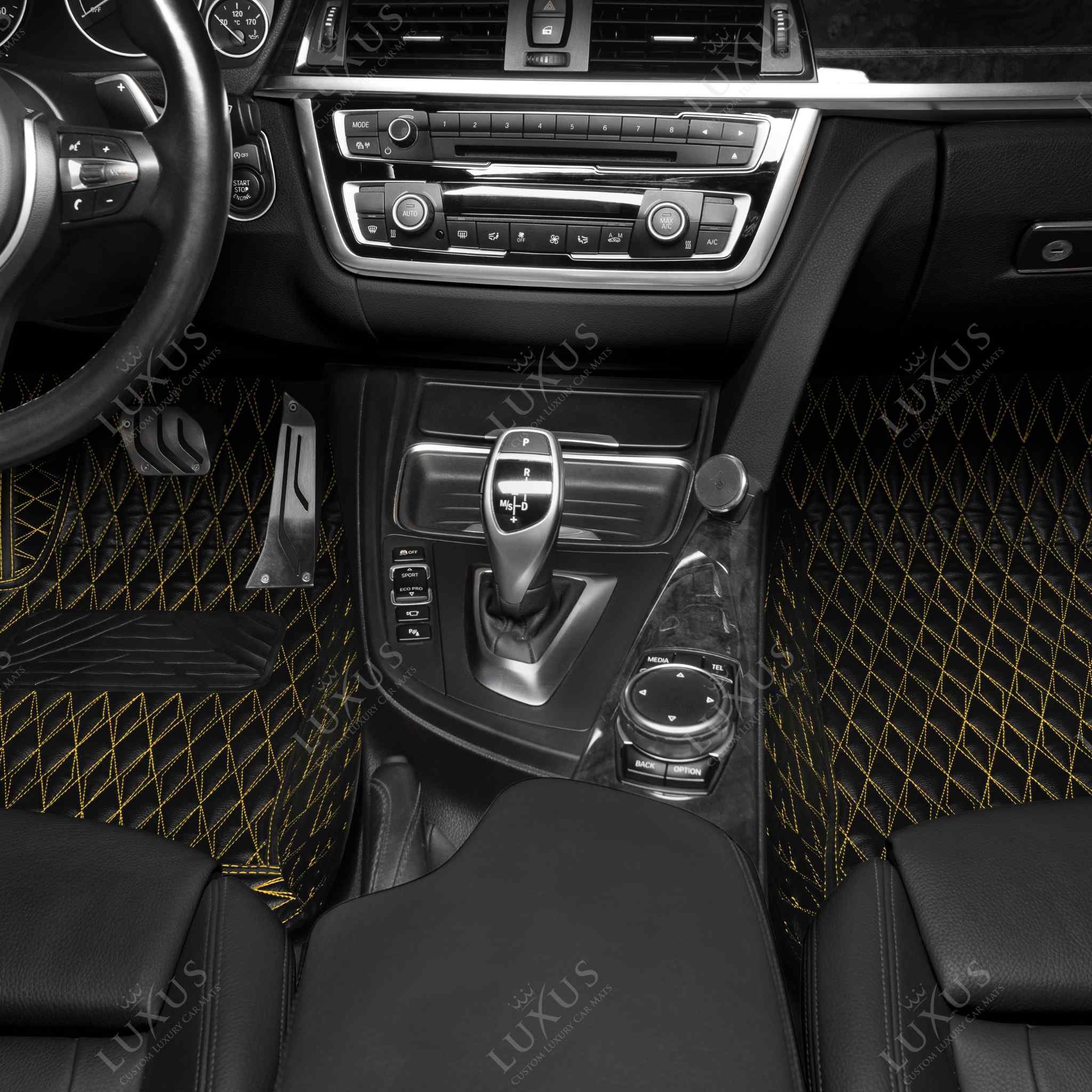 Luxus Premium Twin-Diamond Custom Luxury Car Mats Set | Black & Yellow Stitching