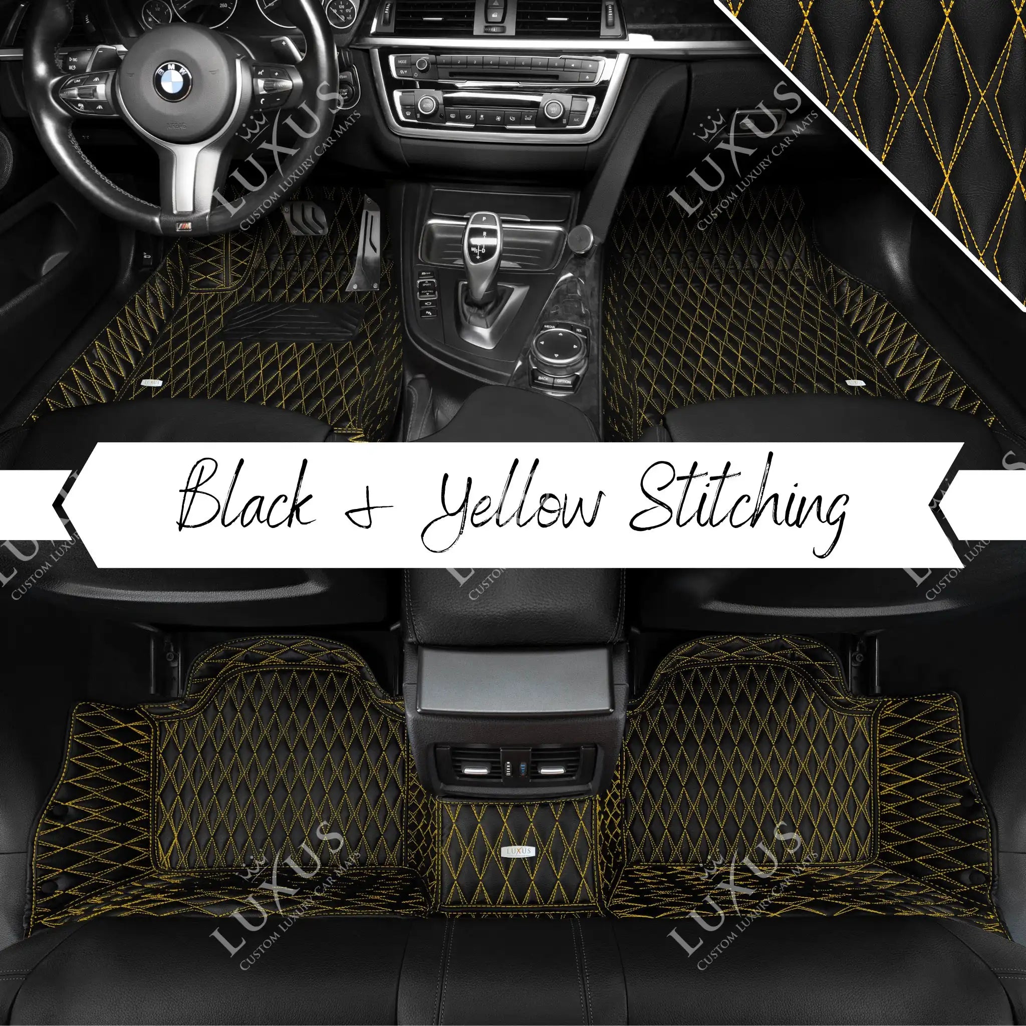 Luxus Premium Twin-Diamond Custom Luxury Car Mats Set | Black & Yellow Stitching