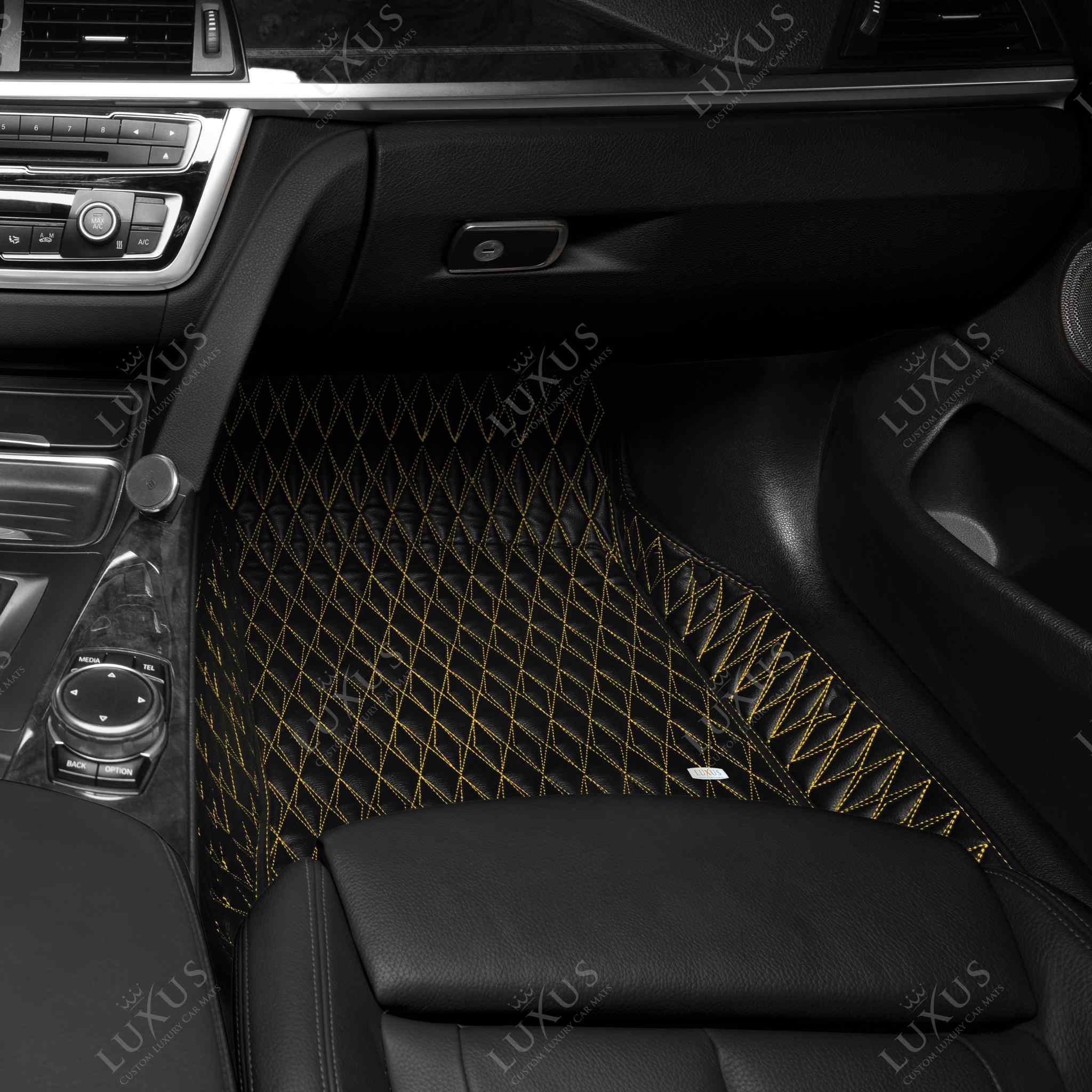 Luxus Premium Twin-Diamond Custom Luxury Car Mats Set | Black & Yellow Stitching