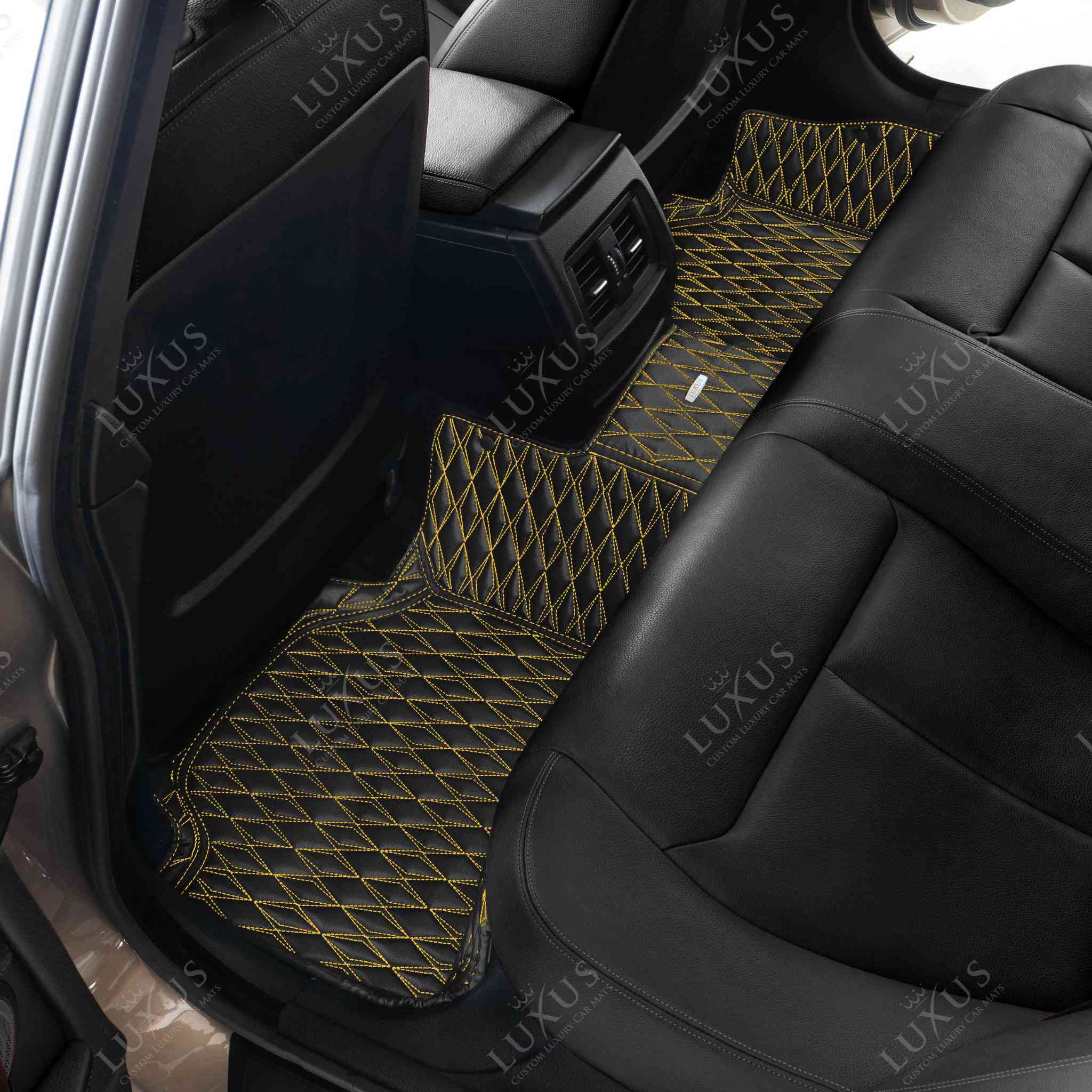 Luxus Premium Twin-Diamond Custom Luxury Car Mats Set | Black & Yellow Stitching