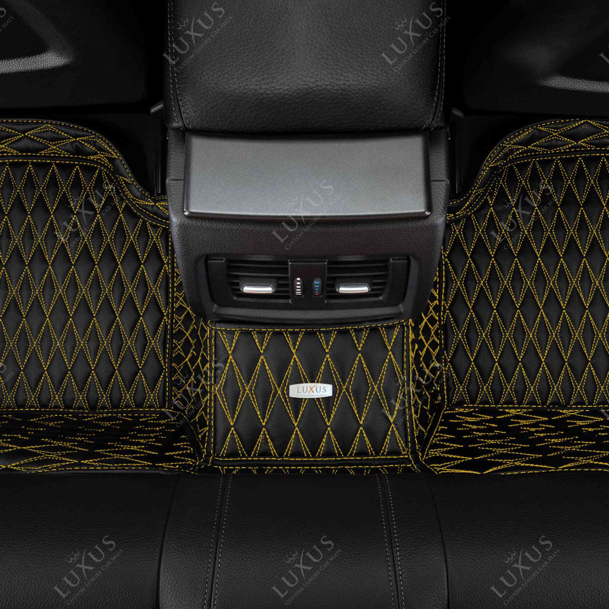 Luxus Premium Twin-Diamond Custom Luxury Car Mats Set | Black & Yellow Stitching