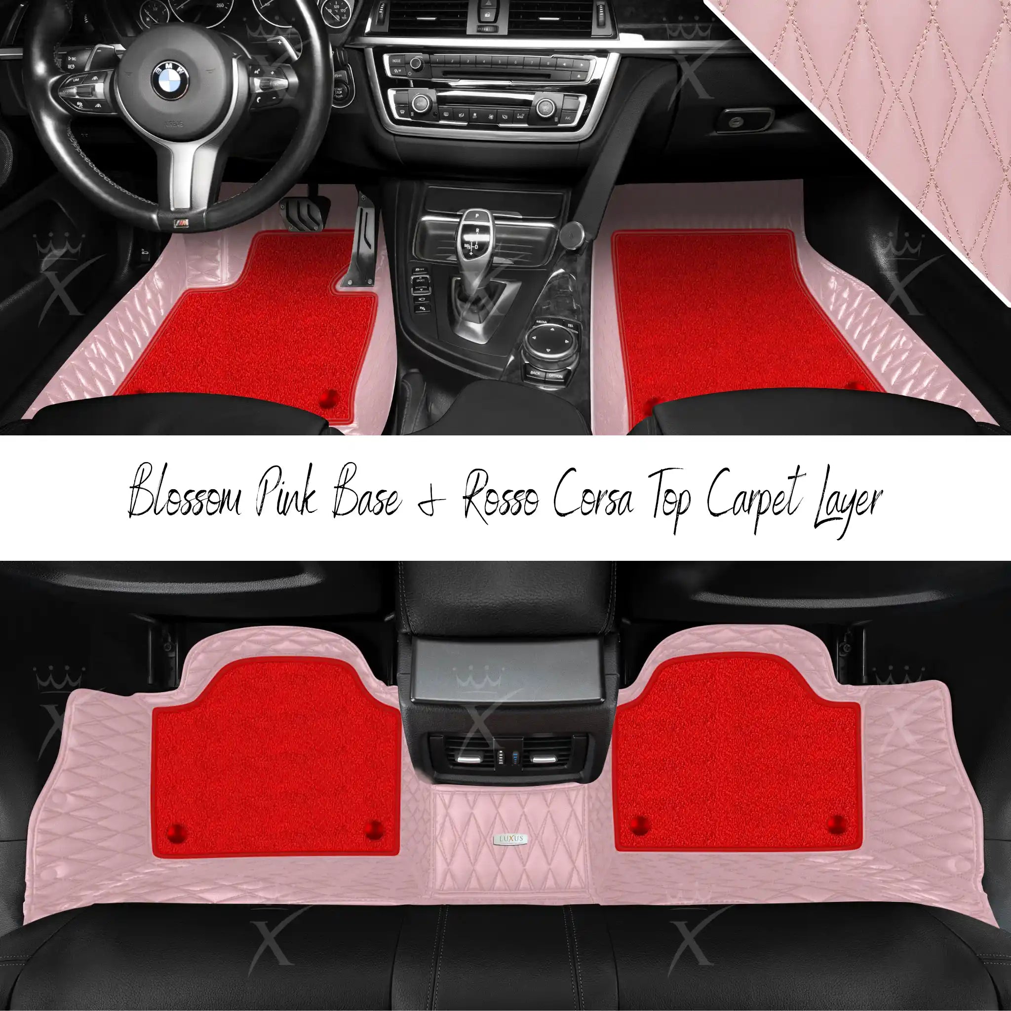 Blossom Pink Twin Diamond & Rosso Corsa Carpet | Double Layer Luxury Car Mats Set