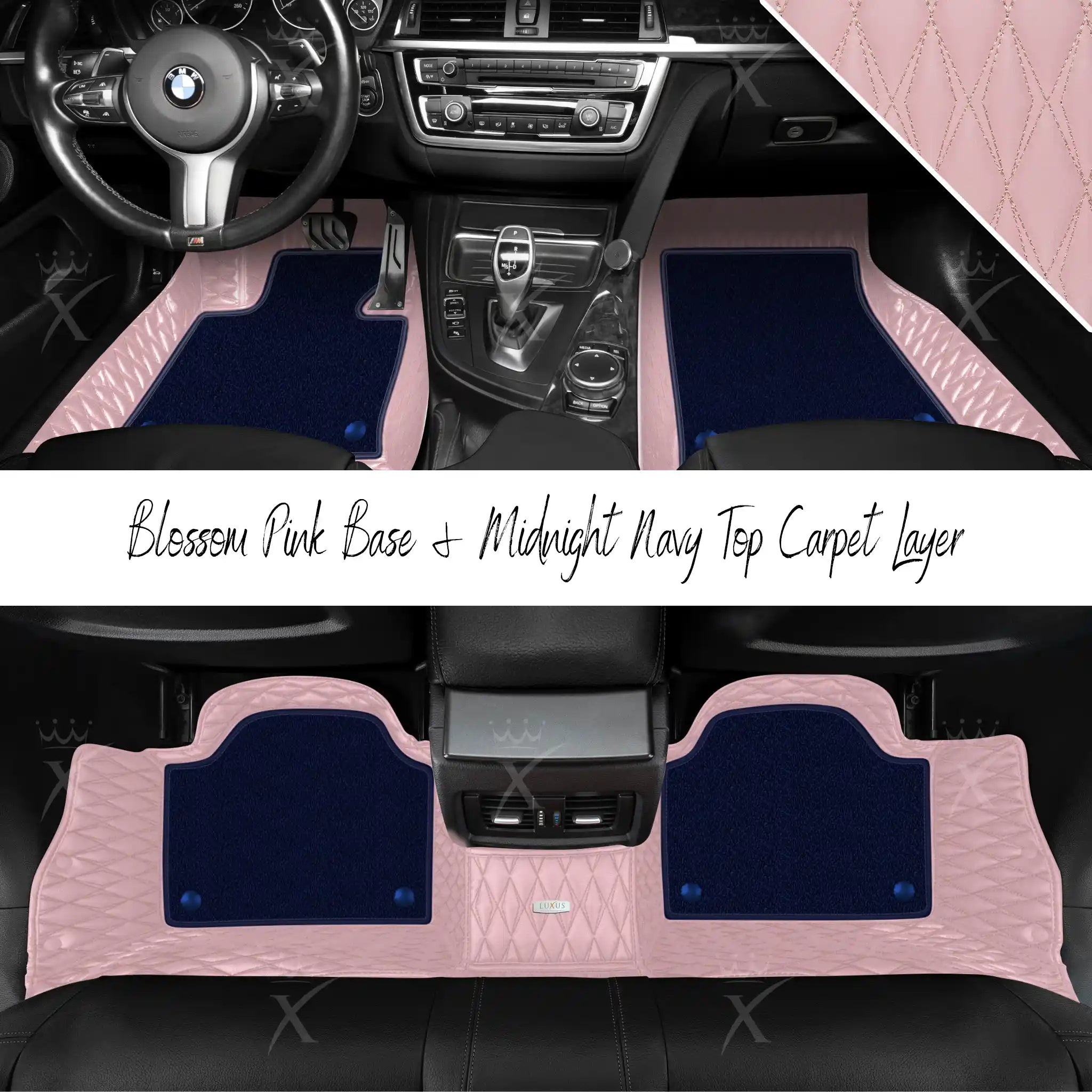 Blossom Pink Twin Diamond & Midnight Navy Carpet | Double Layer Luxury Car Mats Set