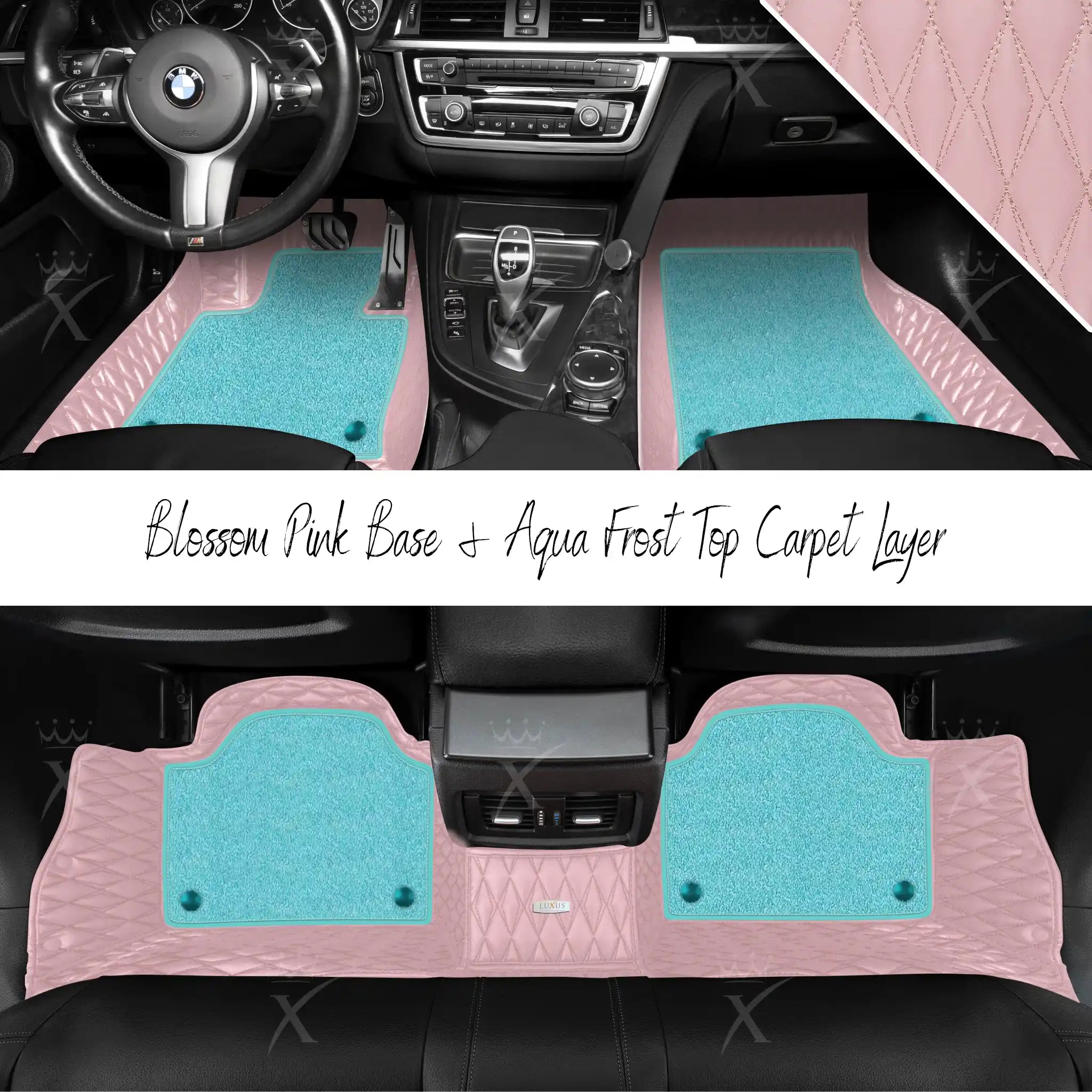Blossom Pink Twin Diamond & Aqua Frost Carpet | Double Layer Luxury Car Mats Set