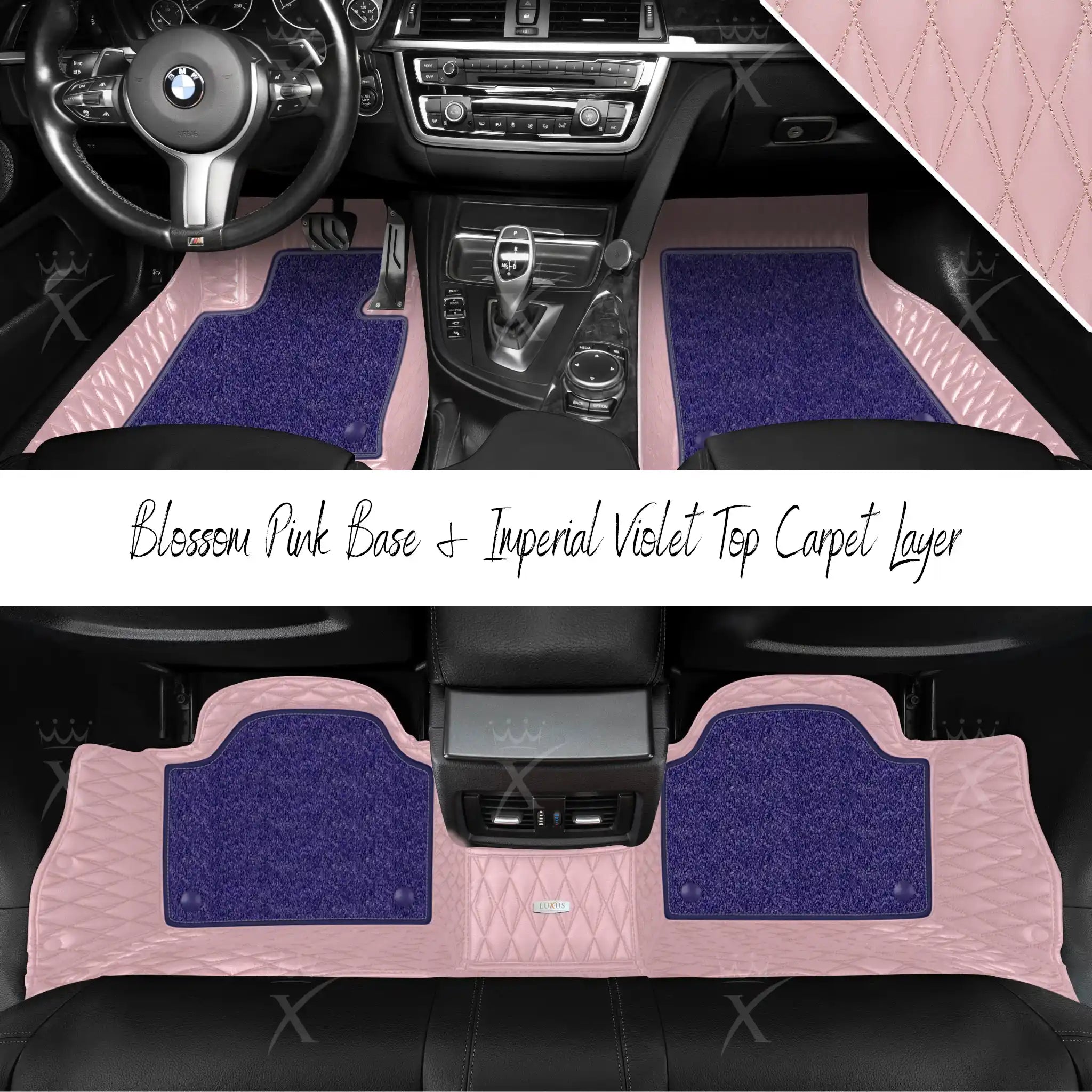 Blossom Pink Twin Diamond & Imperial Violet Carpet | Double Layer Luxury Car Mats Set