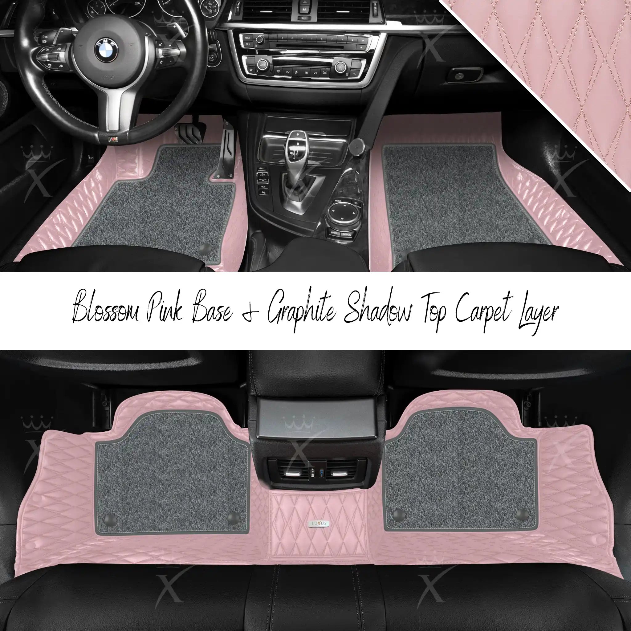 Blossom Pink Twin Diamond & Graphite Shadow Carpet | Double Layer Luxury Car Mats Set