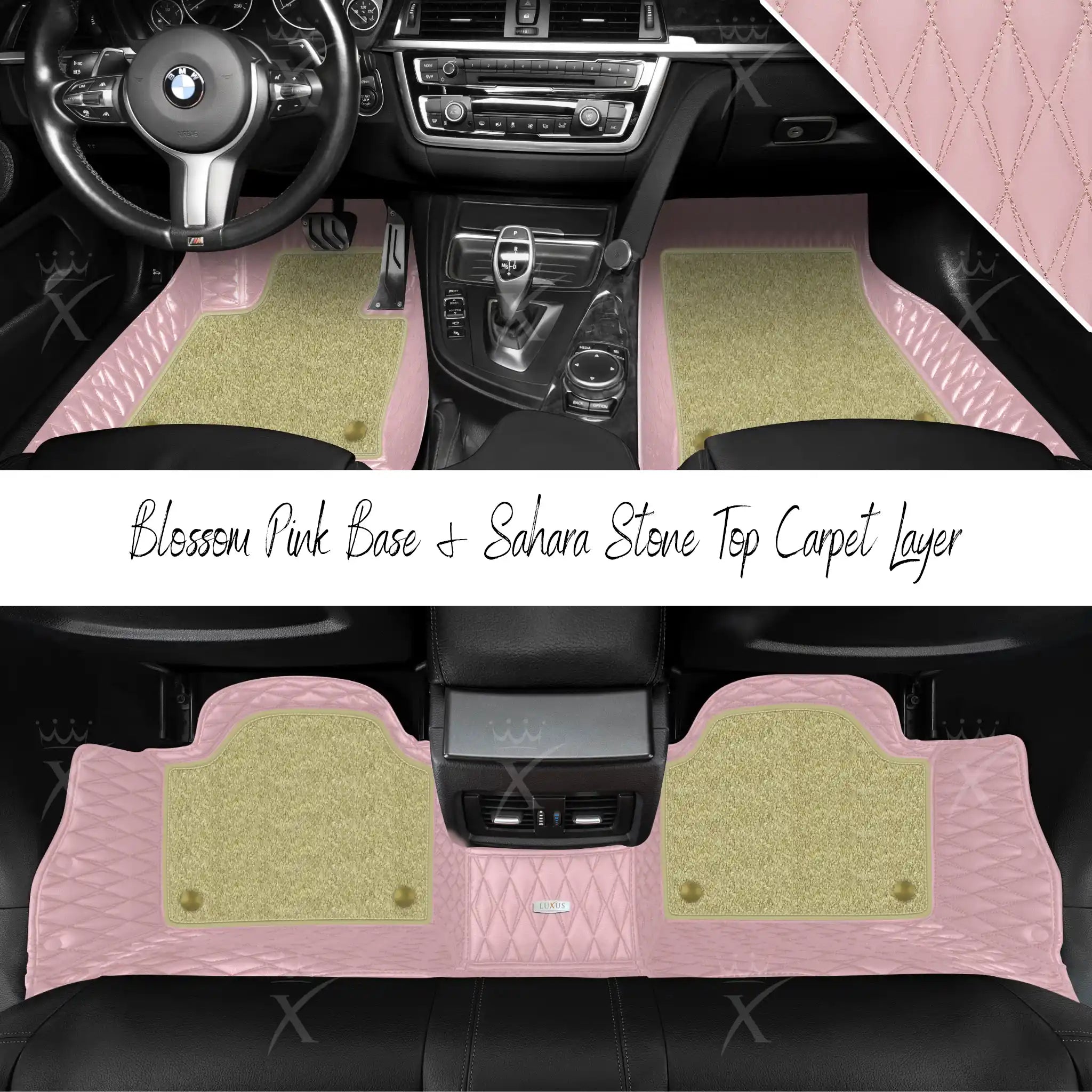 Blossom Pink Twin Diamond & Sahara Stone Carpet | Double Layer Luxury Car Mats Set