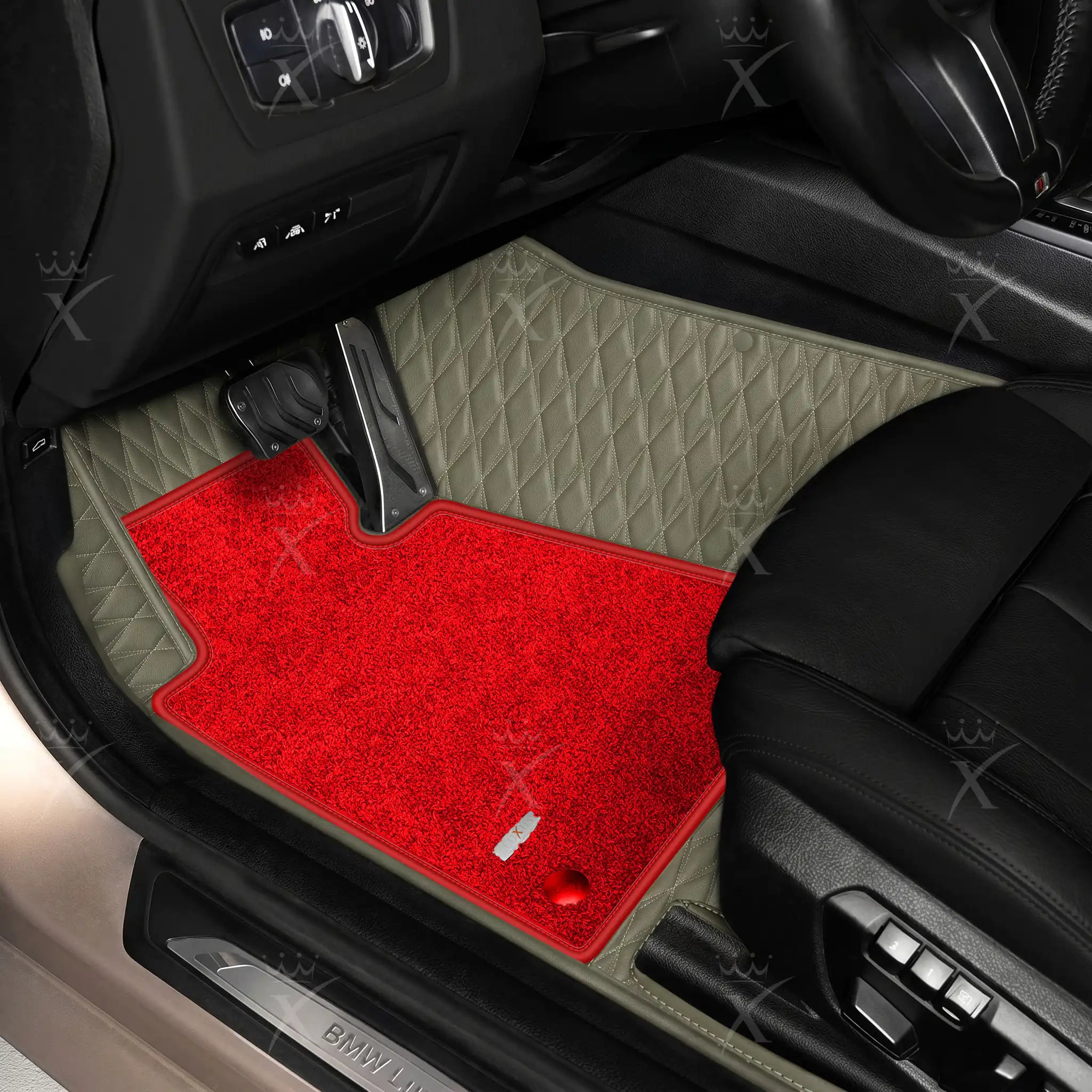 Luxus Twin-Diamond Double Layer Series Floor Mats | Brownish Gray & Rosso Corsa Top Carpet