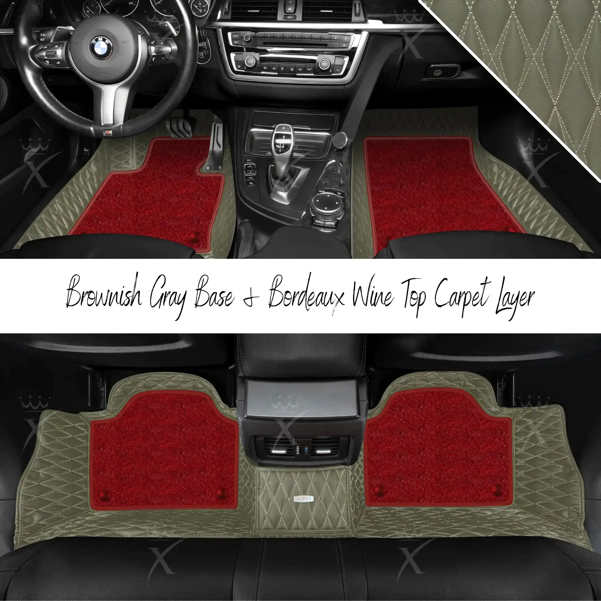 Brownish Gray Twin Diamond & Bordeaux Wine Carpet | Double Layer Luxury Car Mats Set