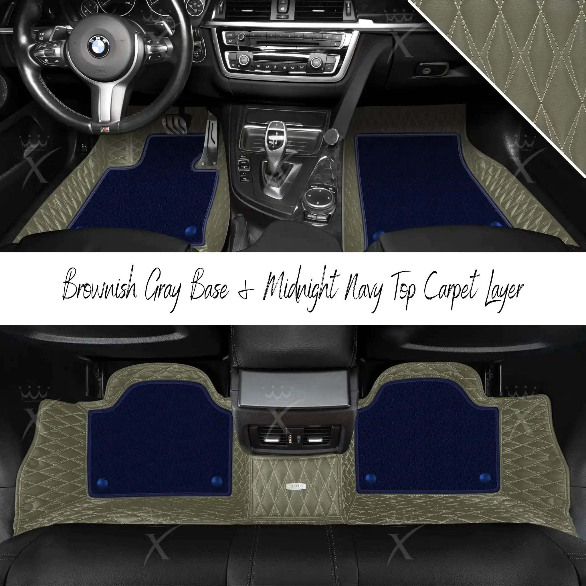 Brownish Gray Twin Diamond & Midnight Navy Carpet | Double Layer Luxury Car Mats Set