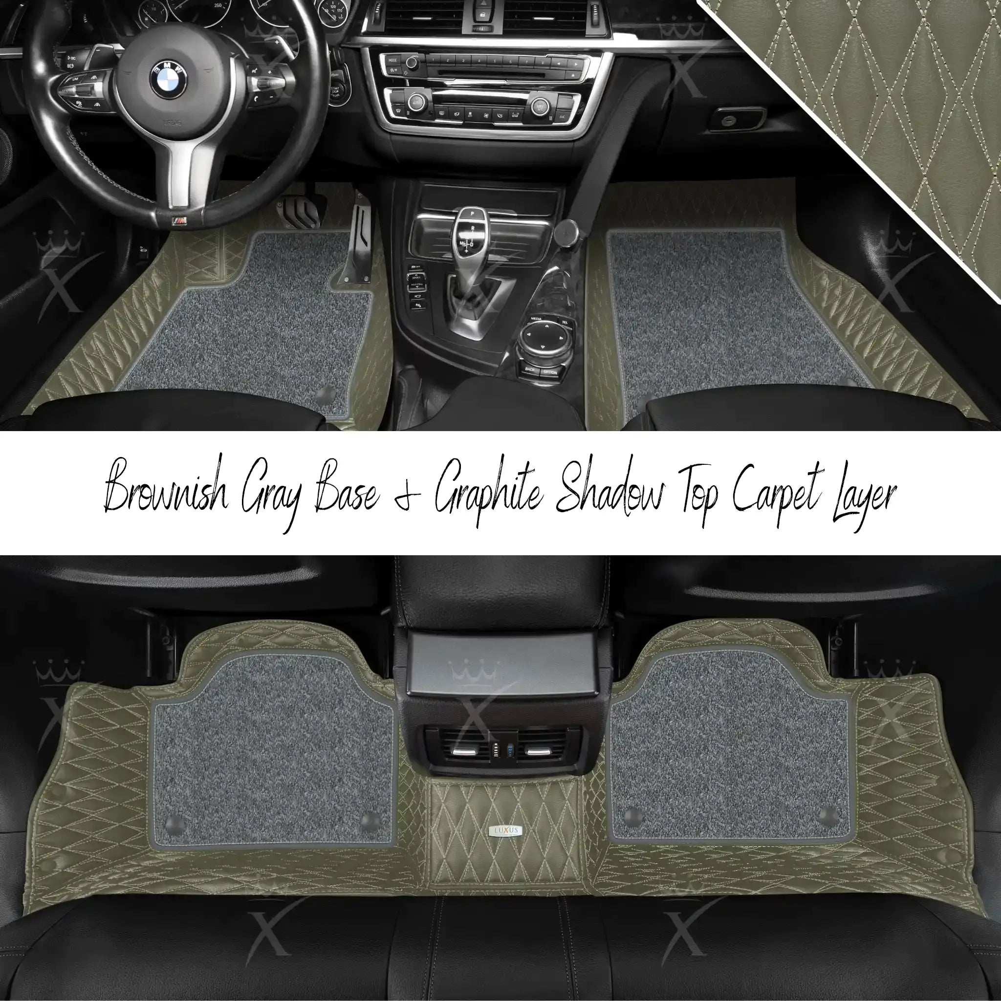 Brownish Gray Twin Diamond & Graphite Shadow Carpet | Double Layer Luxury Car Mats Set