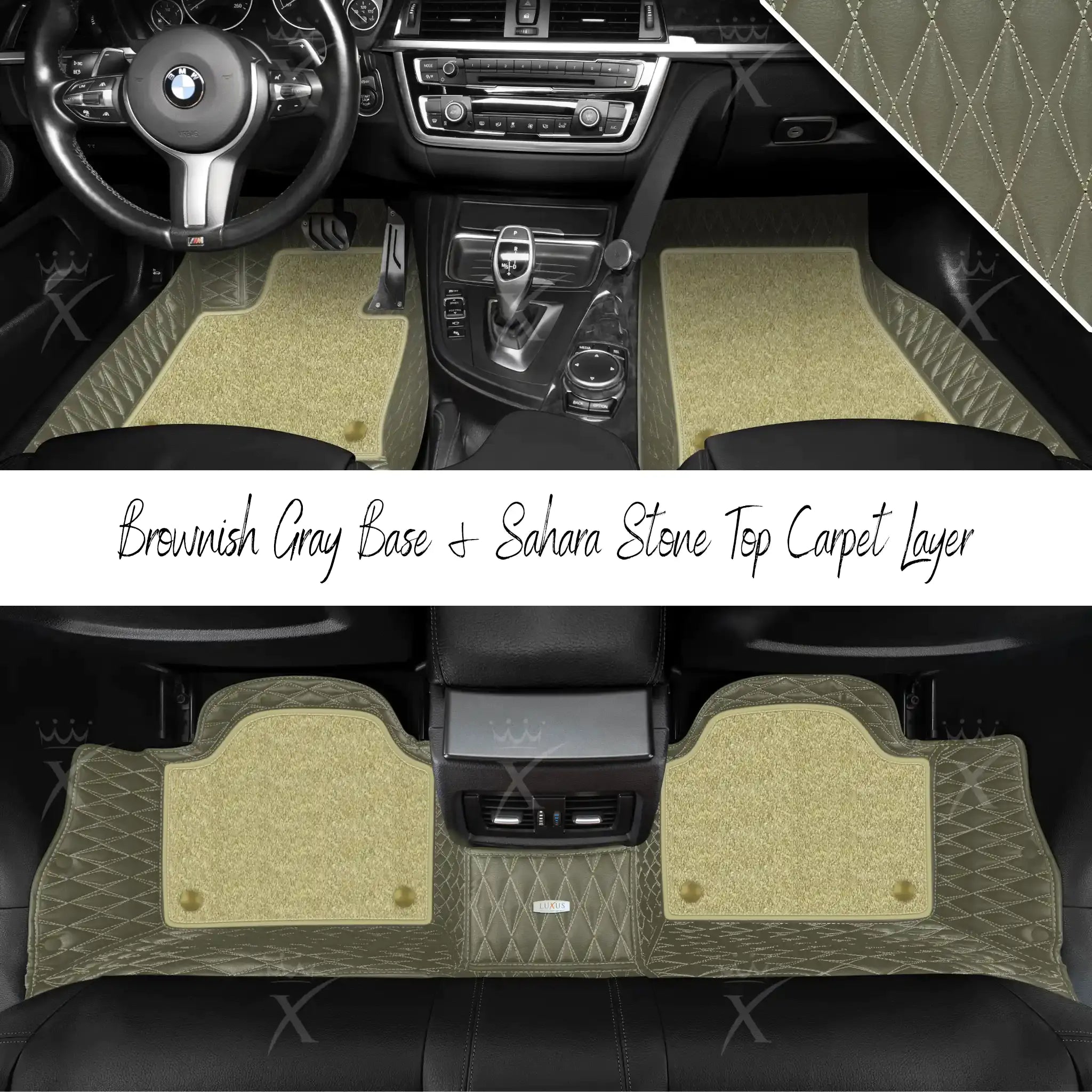 Brownish Gray Twin Diamond & Sahara Stone Carpet | Double Layer Luxury Car Mats Set