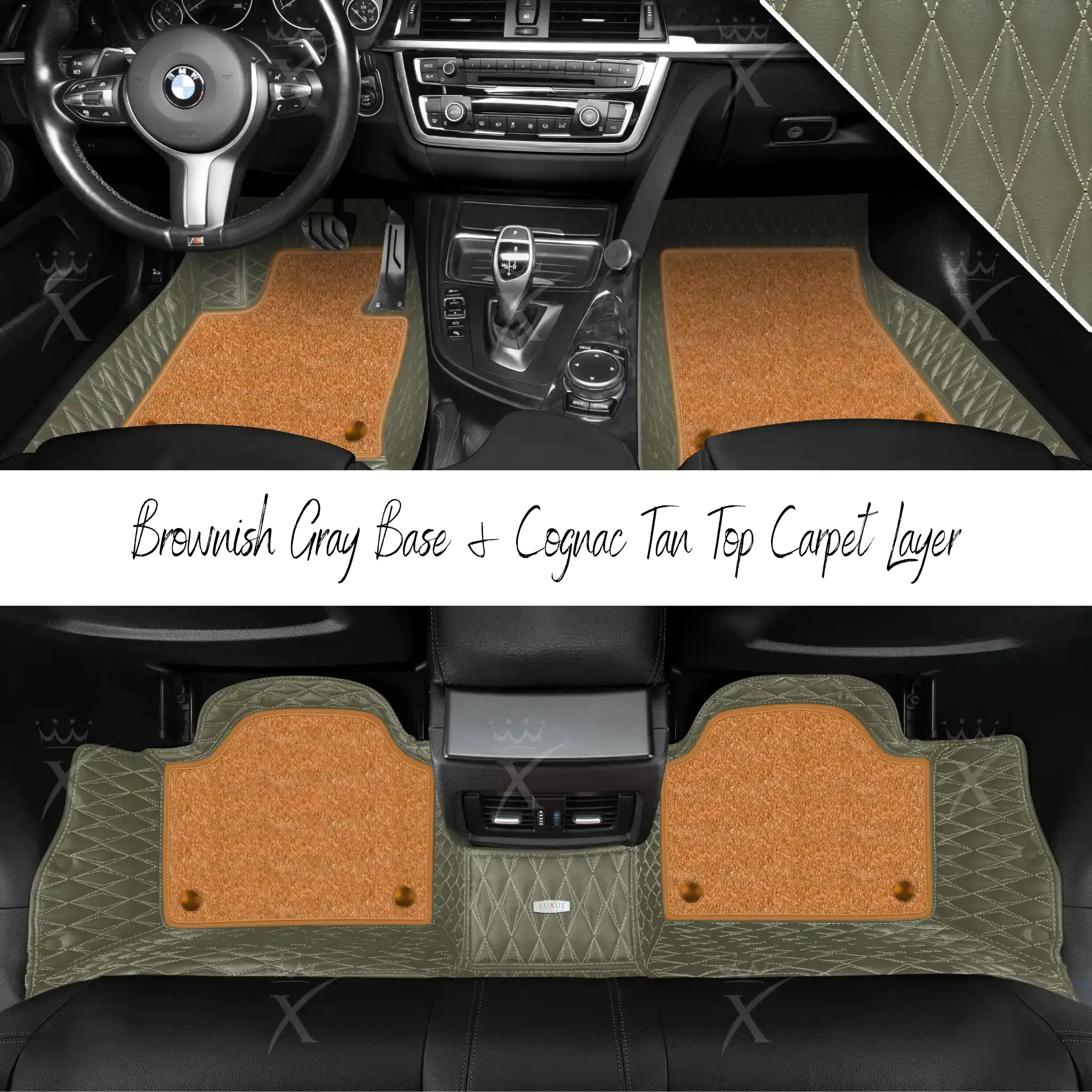 Brownish Gray Twin Diamond & Cognac Tan Carpet | Double Layer Luxury Car Mats Set