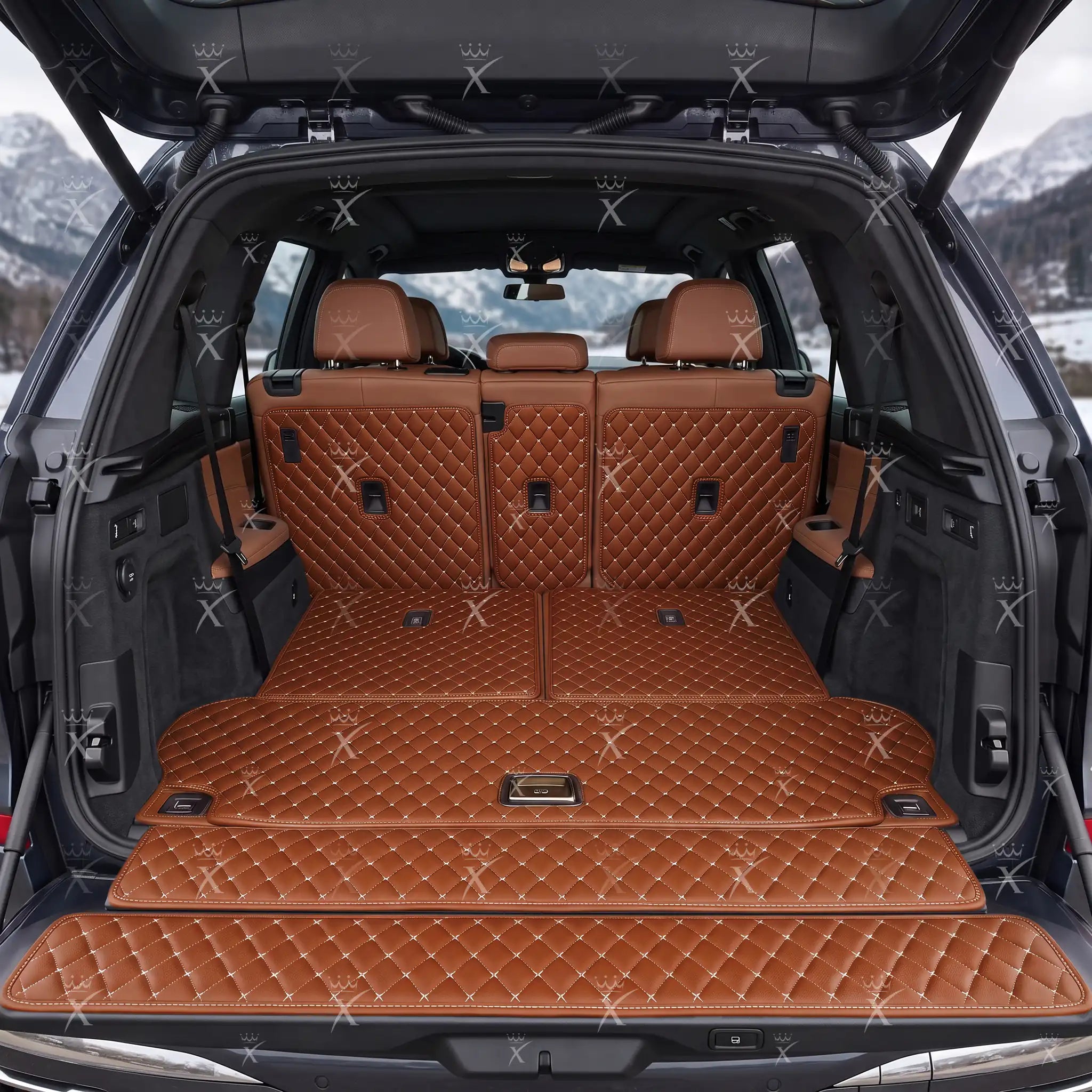 Luxus Car Mats™ - Tapete para maletero/maletero de cuero de lujo con costuras negras y negras en 3D