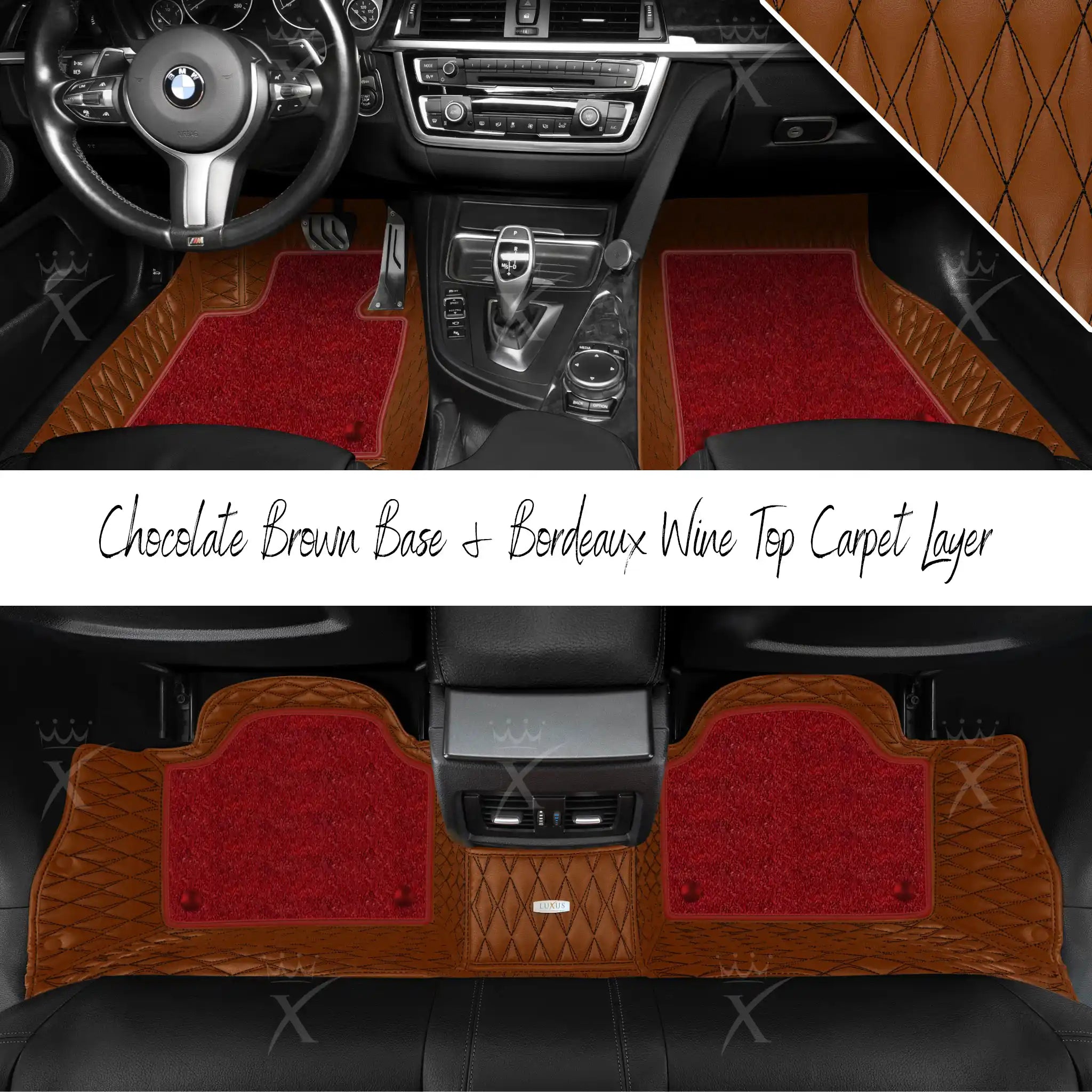 Chocolate Brown Twin Diamond & Bordeaux Wine Carpet | Double Layer Luxury Car Mats Set