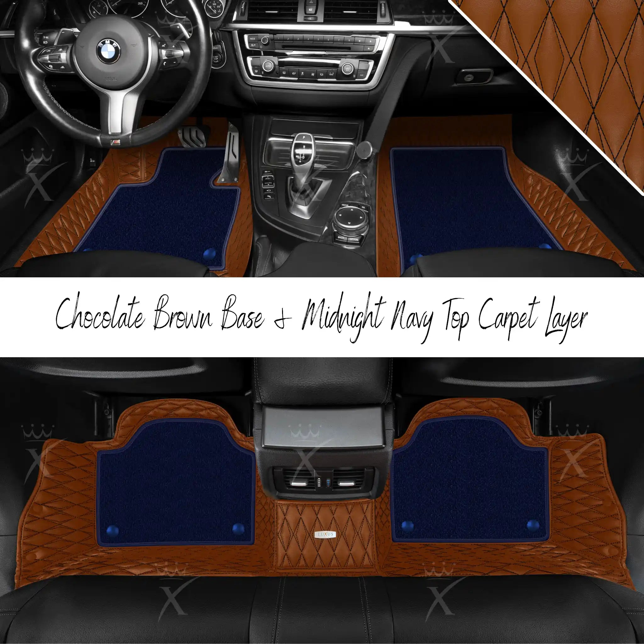 Chocolate Brown Twin Diamond & Midnight Navy Carpet | Double Layer Luxury Car Mats Set
