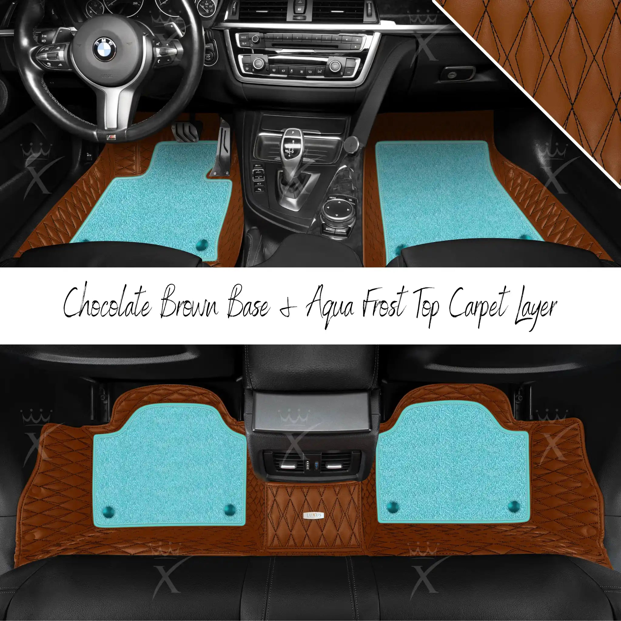 Chocolate Brown Twin Diamond & Aqua Frost Carpet | Double Layer Luxury Car Mats Set