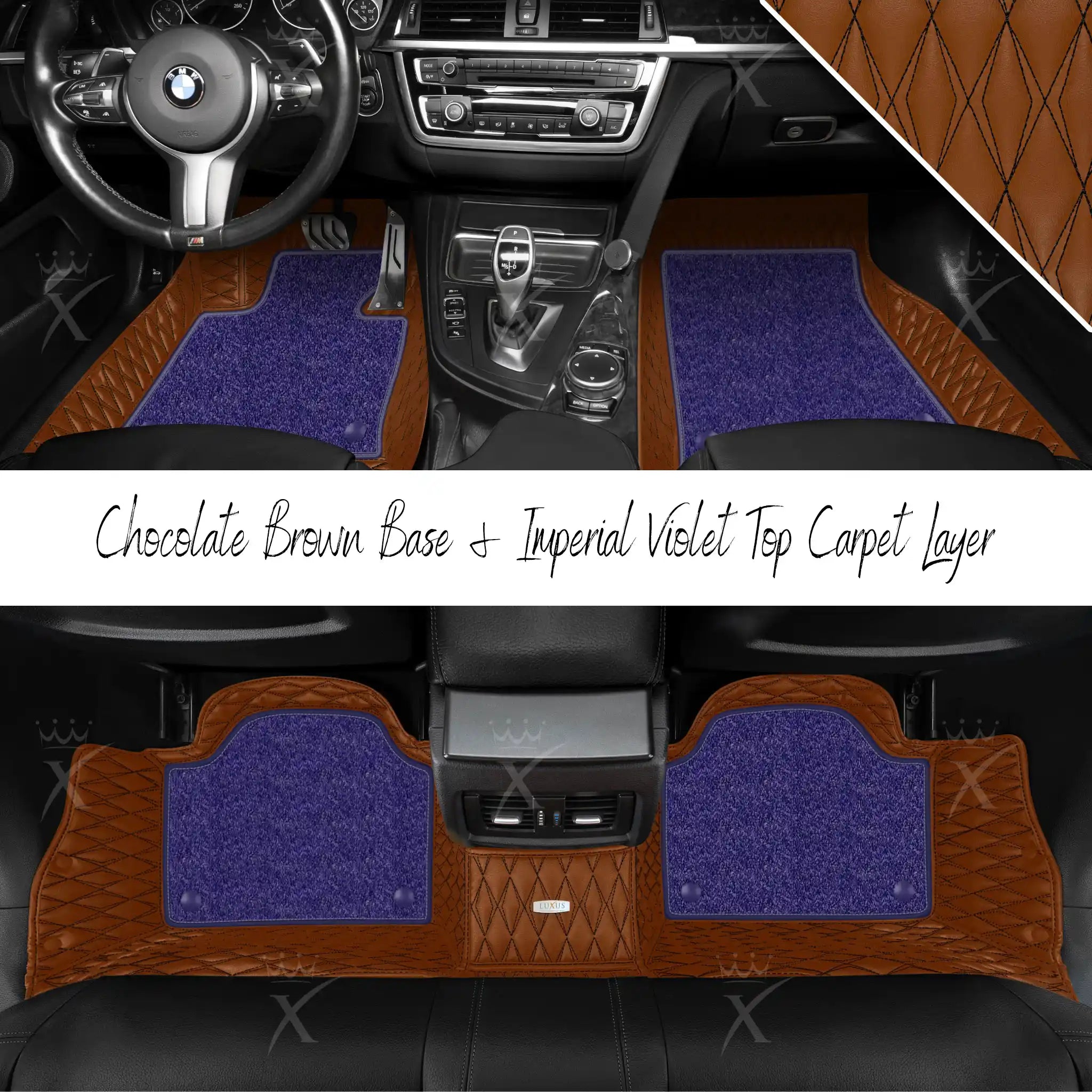 Chocolate Brown Twin Diamond & Imperial Violet Carpet | Double Layer Luxury Car Mats Set