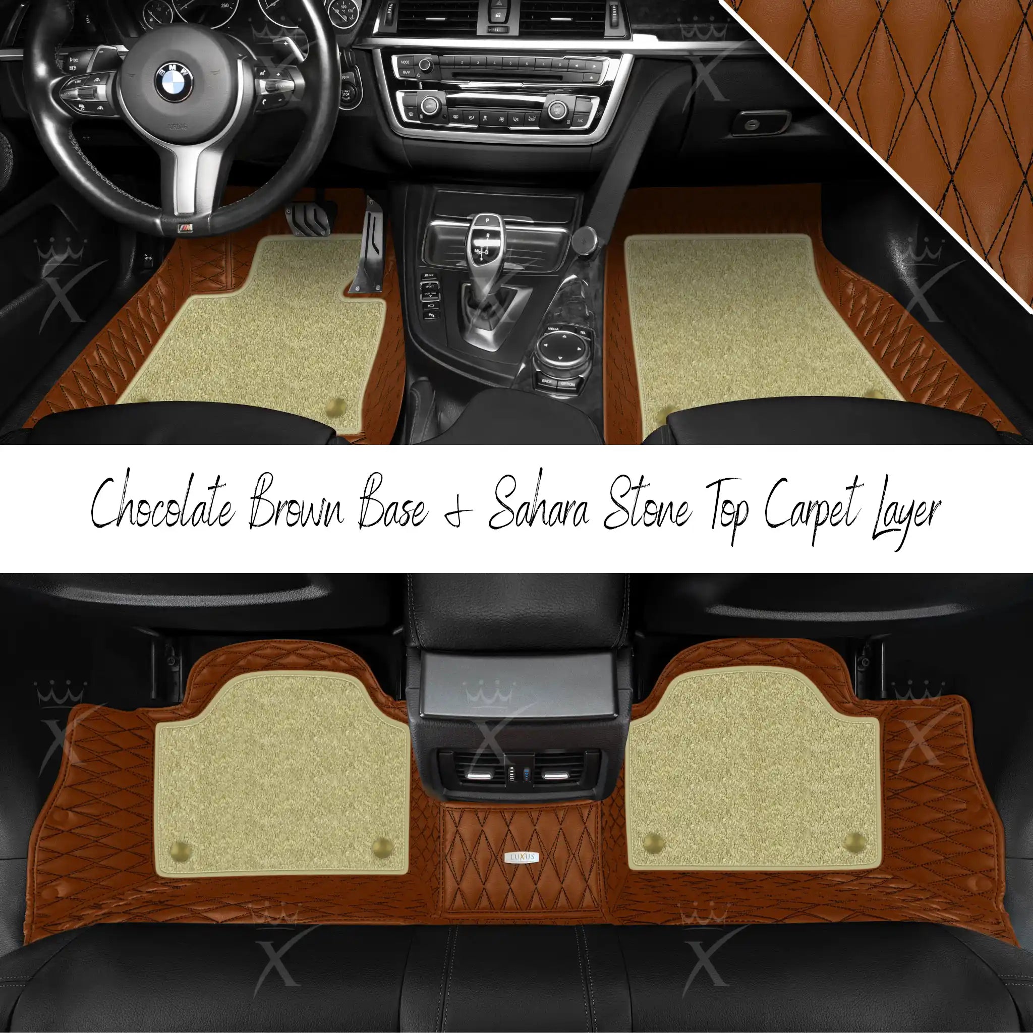 Chocolate Brown Twin Diamond & Sahara Stone Carpet | Double Layer Luxury Car Mats Set