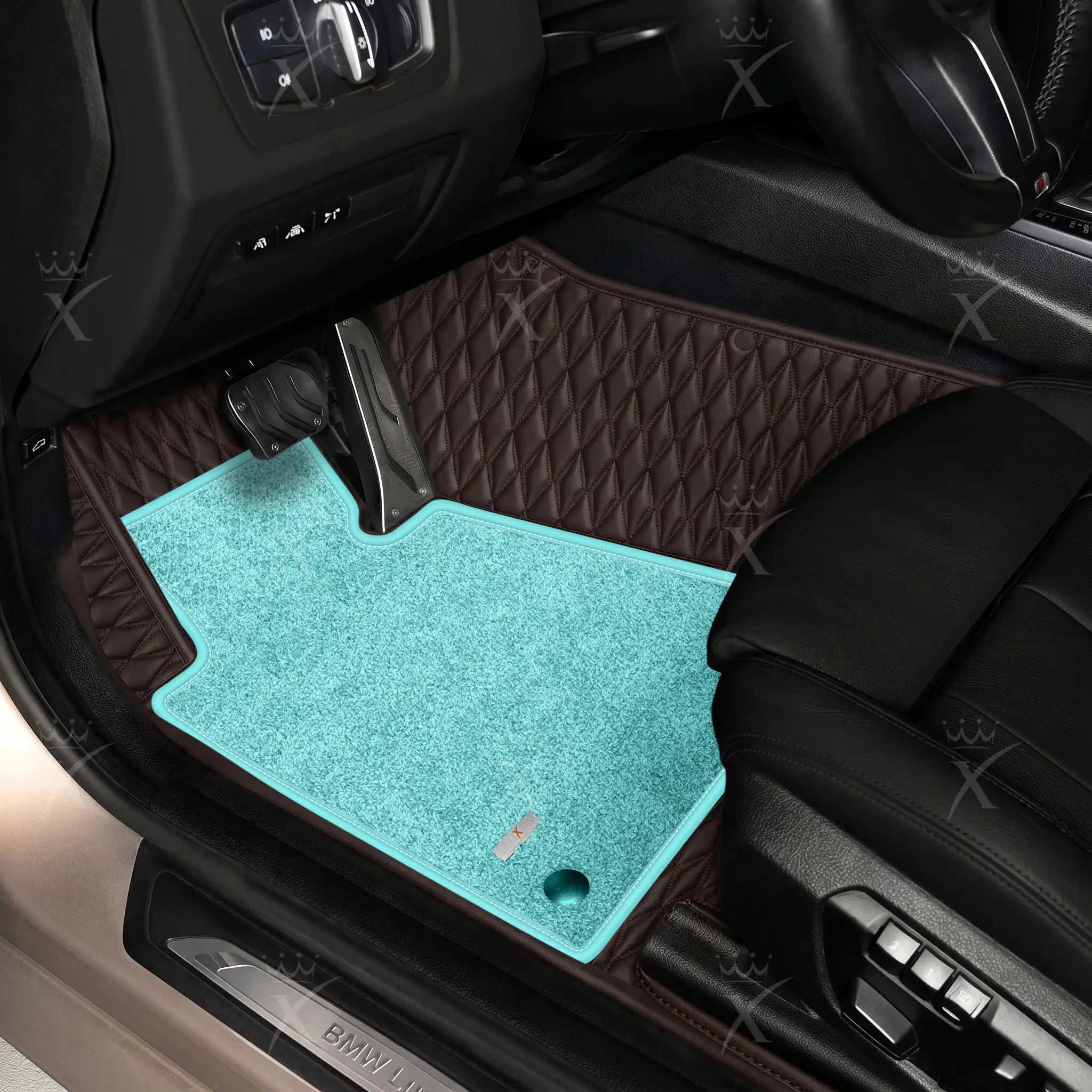 Luxus Twin-Diamond Double Layer Series Floor Mats | Dark Chocolate Brown & Aqua Frost Top Carpet