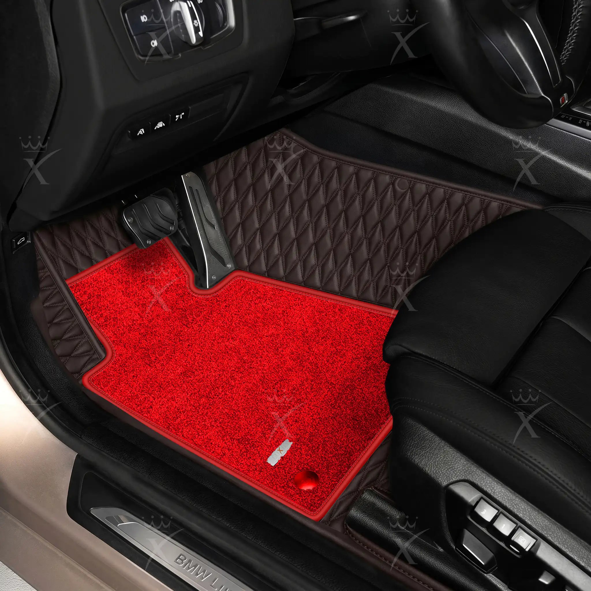 Luxus Twin-Diamond Double Layer Series Floor Mats | Dark Chocolate Brown & Rosso Corsa Top Carpet