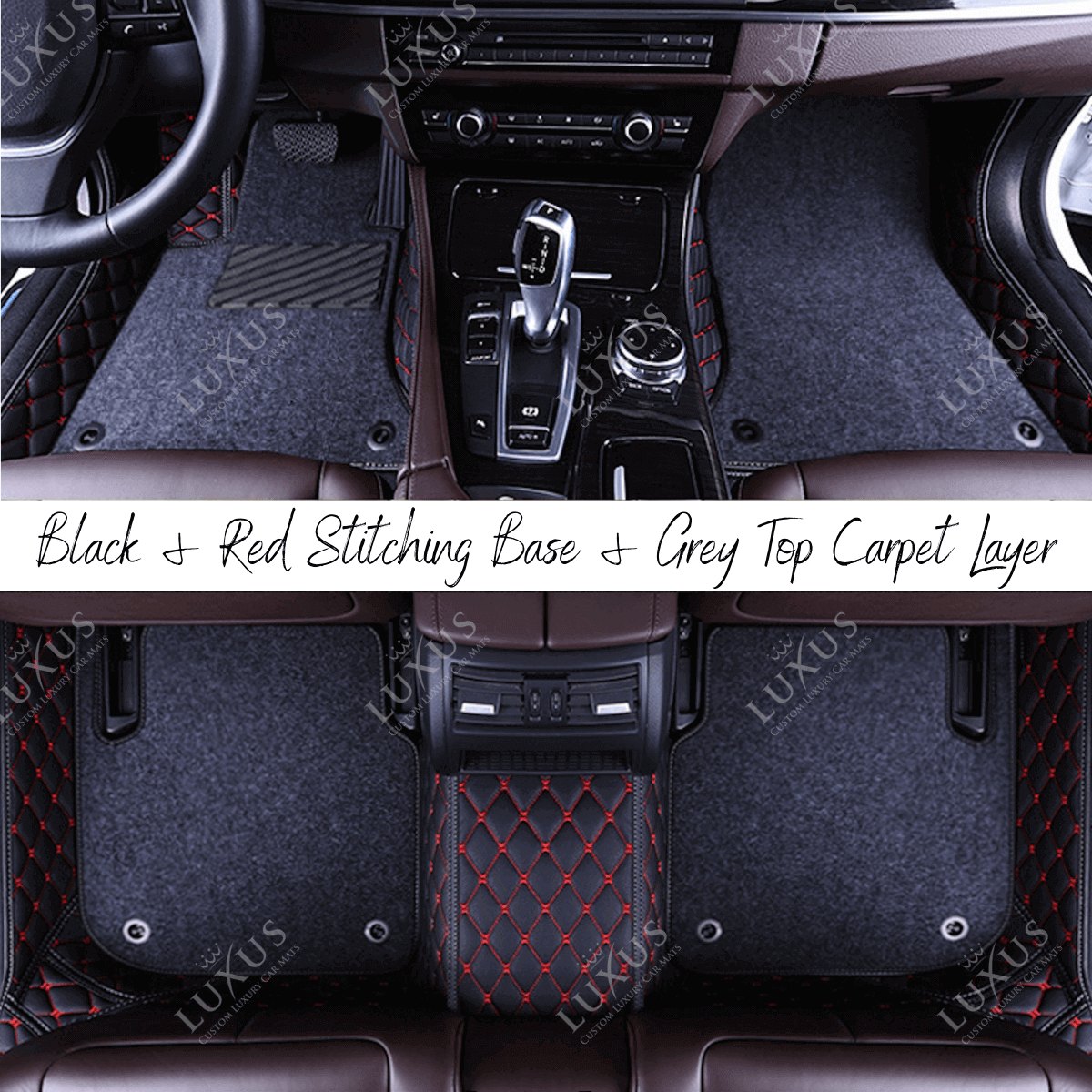 Black & Red Diamond Stitching & Grey Carpet | Double Layer Luxury Car Mats Set