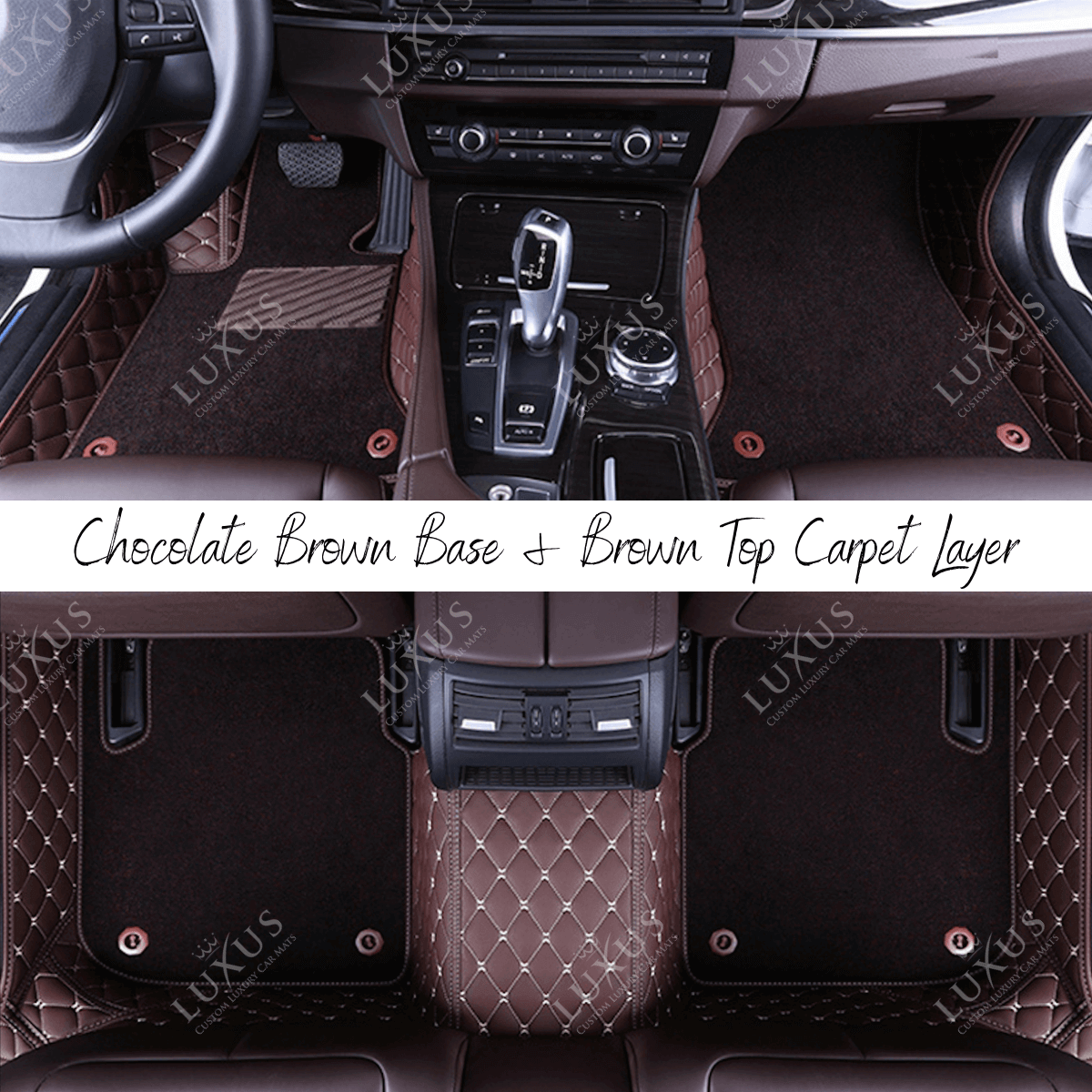 Chocolate Brown Diamond Base & Brown Top Carpet Double Layer Luxury Car Mats Set