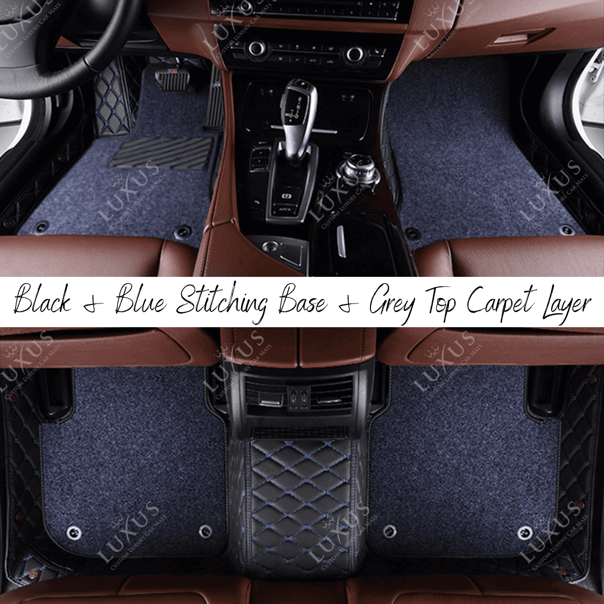 Black & Blue Diamond Stitching Base & Grey Top Carpet Double Layer Luxury Car Mats Set