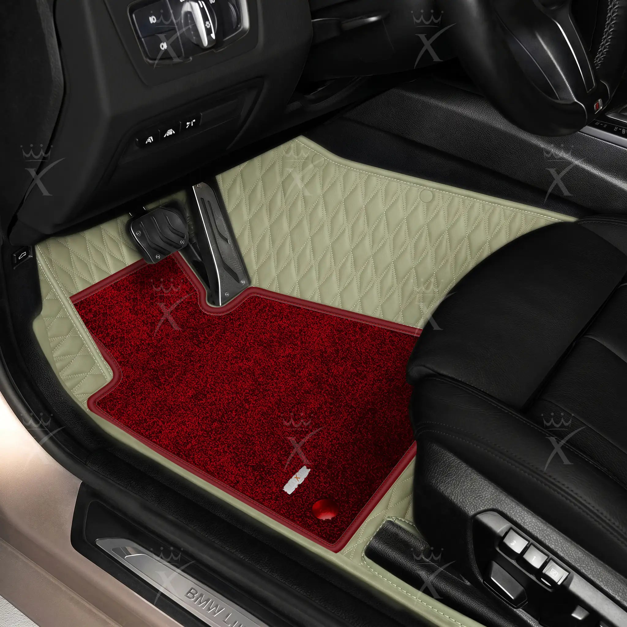 Luxus Twin-Diamond Double Layer Series Floor Mats | Cream Beige & Bordeaux Wine Top Carpet