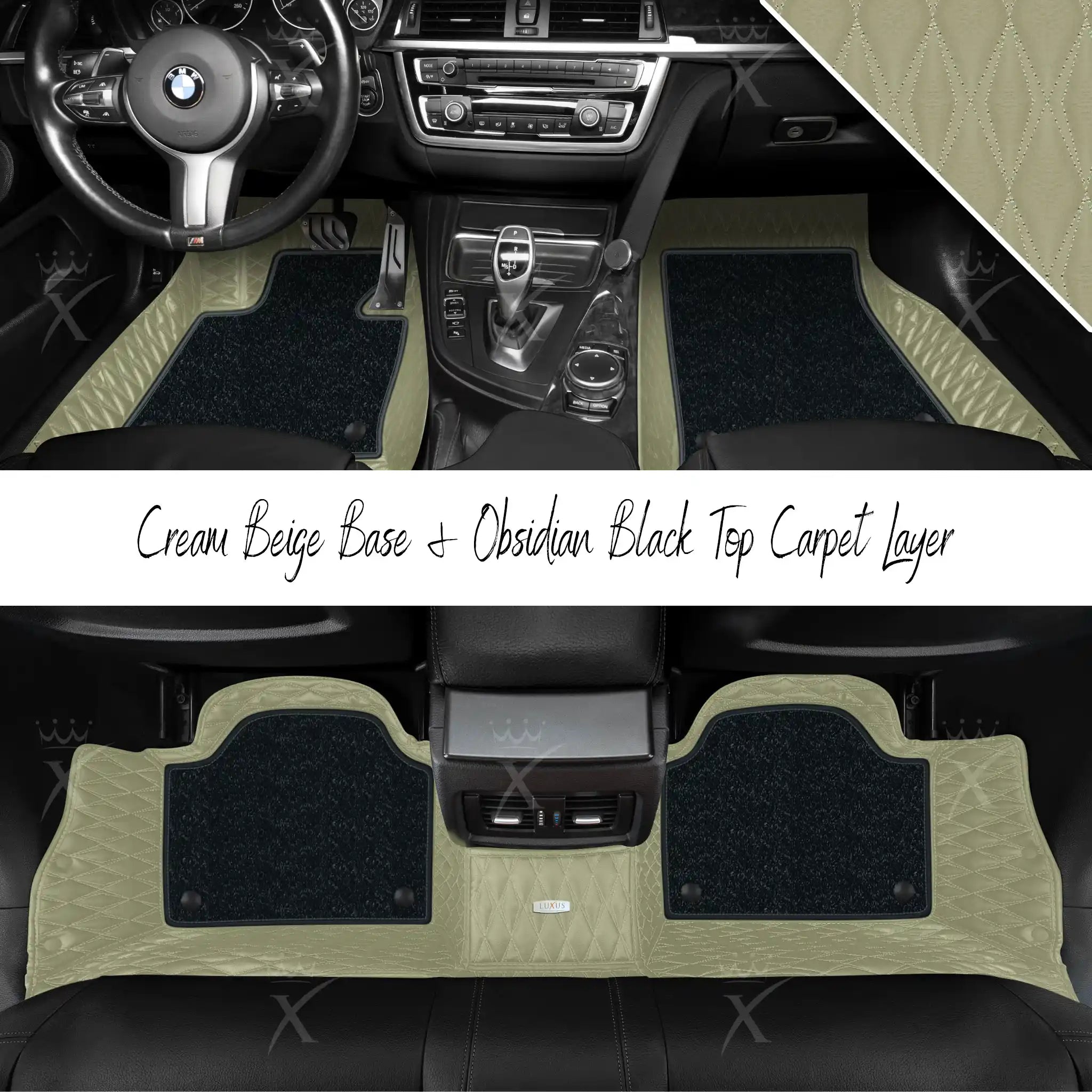 Cream Beige Twin Diamond & Obsidian Black Carpet | Double Layer Luxury Car Mats Set