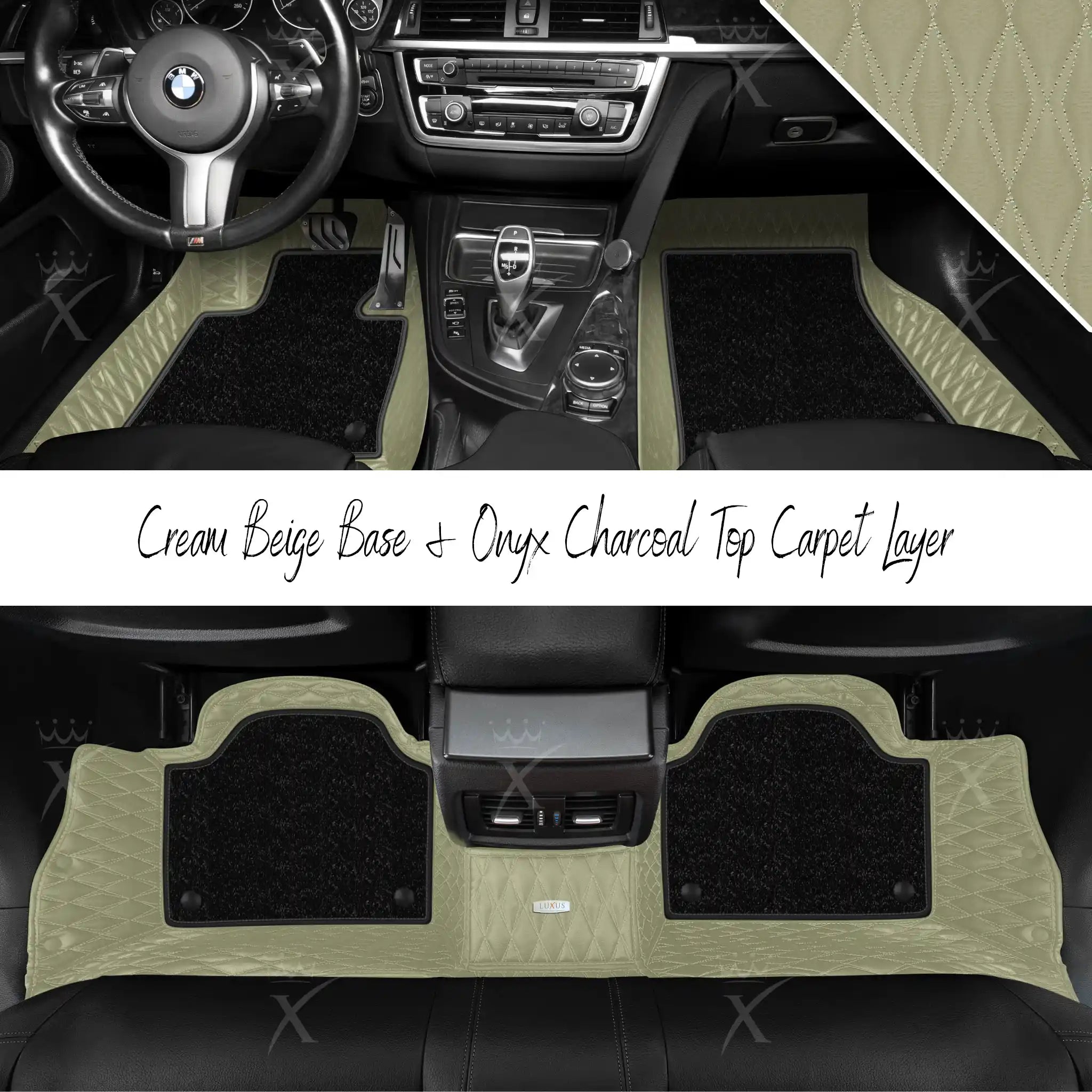 Cream Beige Twin Diamond & Onyx Charcoal Carpet | Double Layer Luxury Car Mats Set