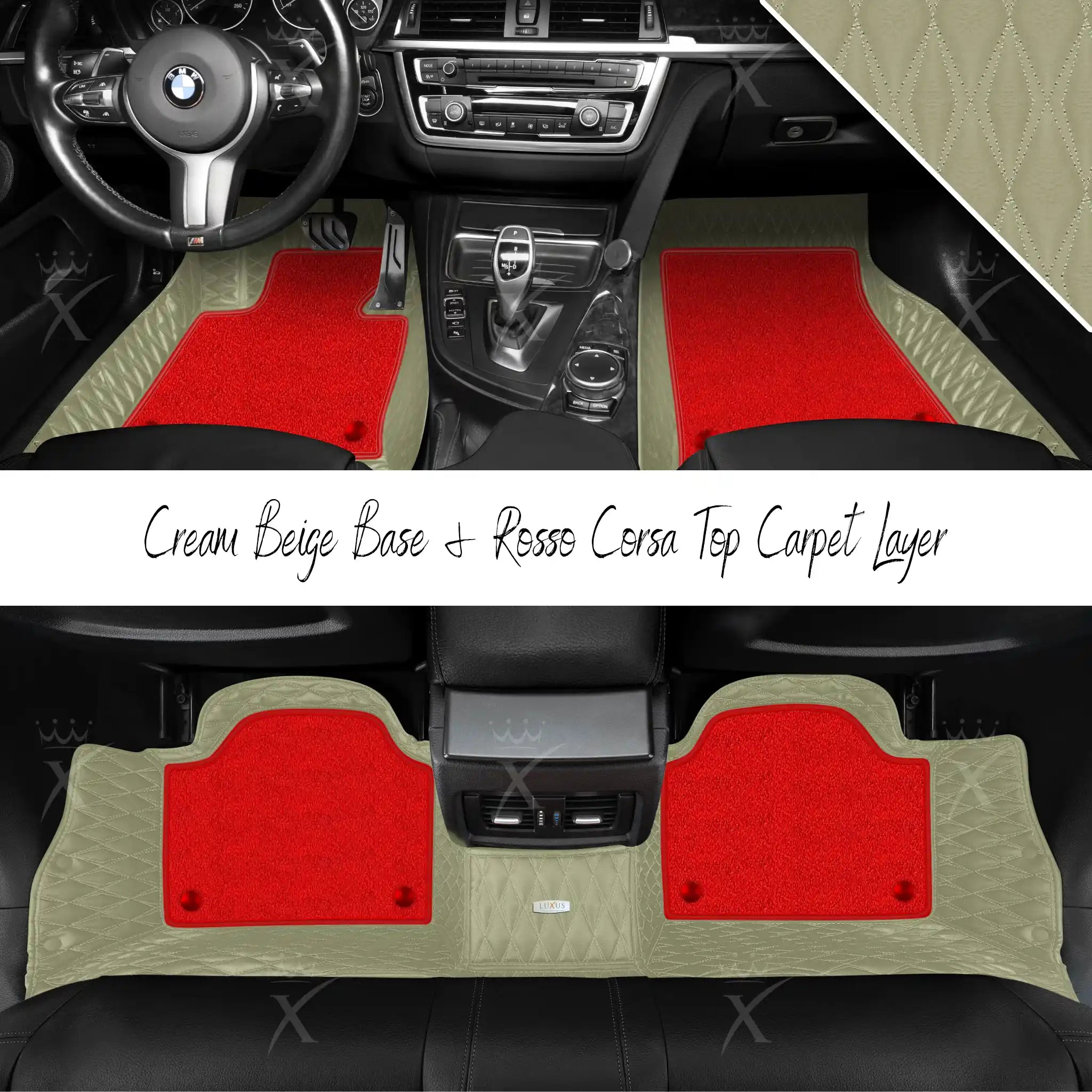 Cream Beige Twin Diamond & Rosso Corsa Carpet | Double Layer Luxury Car Mats Set