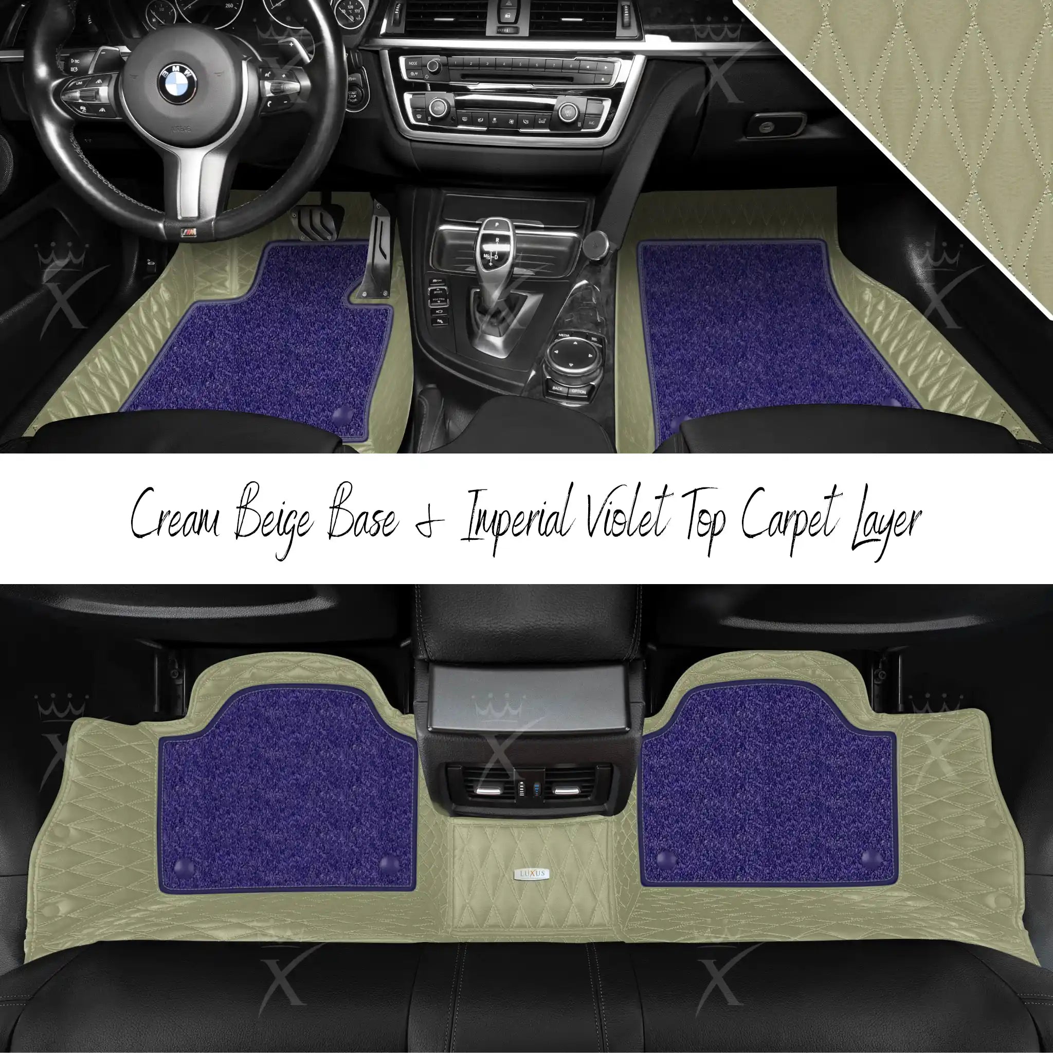 Cream Beige Twin Diamond & Imperial Violet Carpet | Double Layer Luxury Car Mats Set