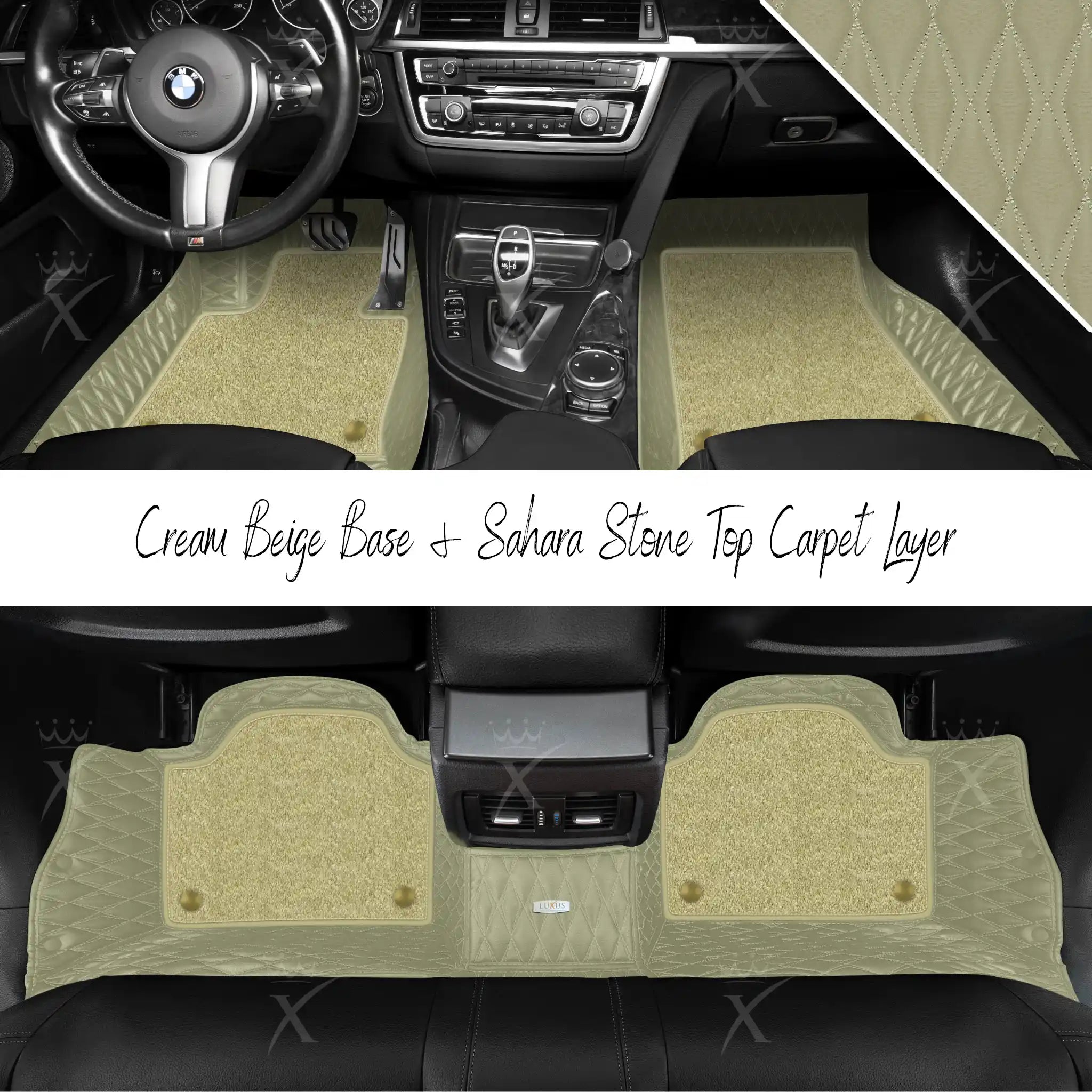 Cream Beige Twin Diamond & Sahara Stone Carpet | Double Layer Luxury Car Mats Set