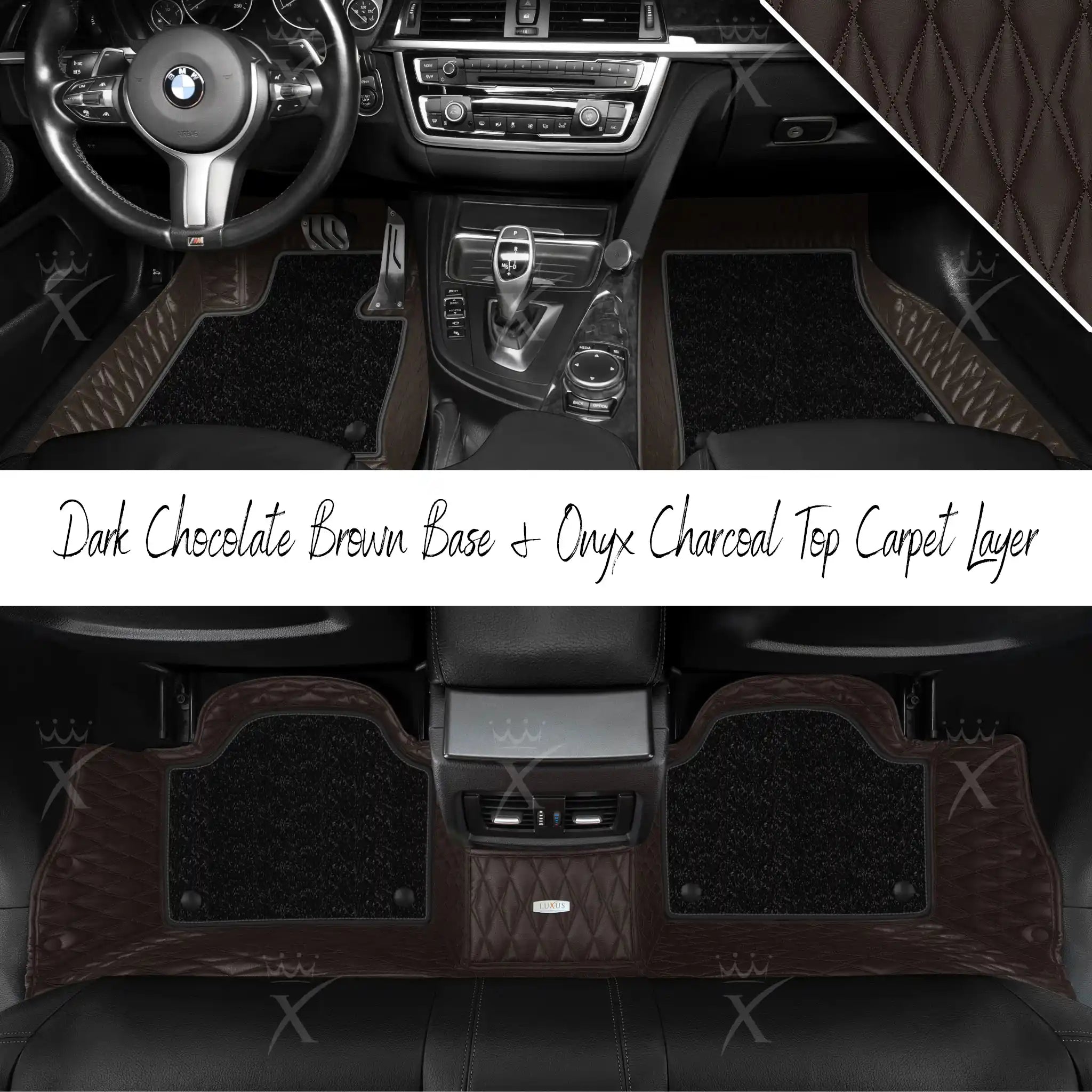 Dark Chocolate Brown Twin Diamond & Onyx Charcoal Carpet | Double Layer Luxury Car Mats Set
