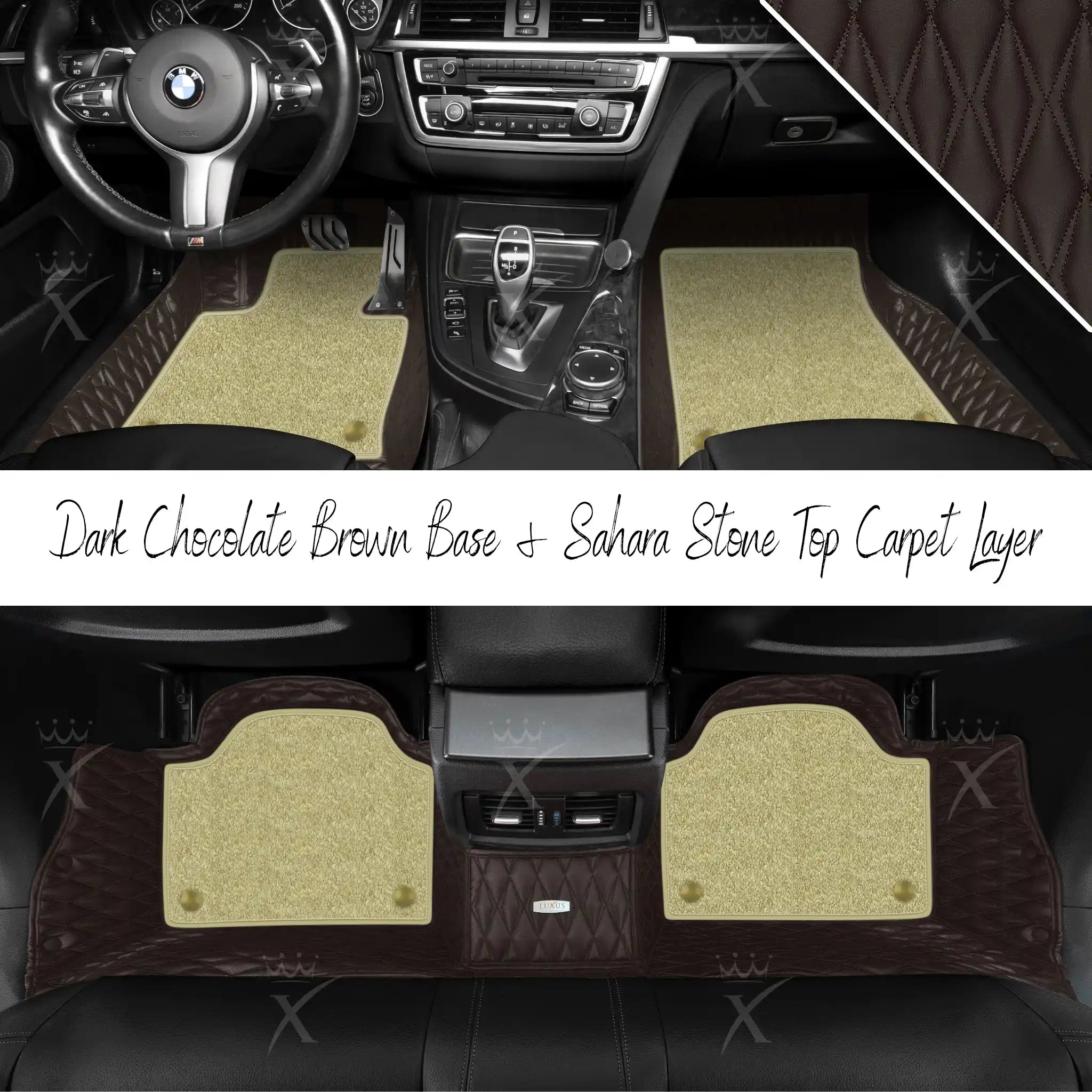 Dark Chocolate Brown Twin Diamond & Sahara Stone Carpet | Double Layer Luxury Car Mats Set