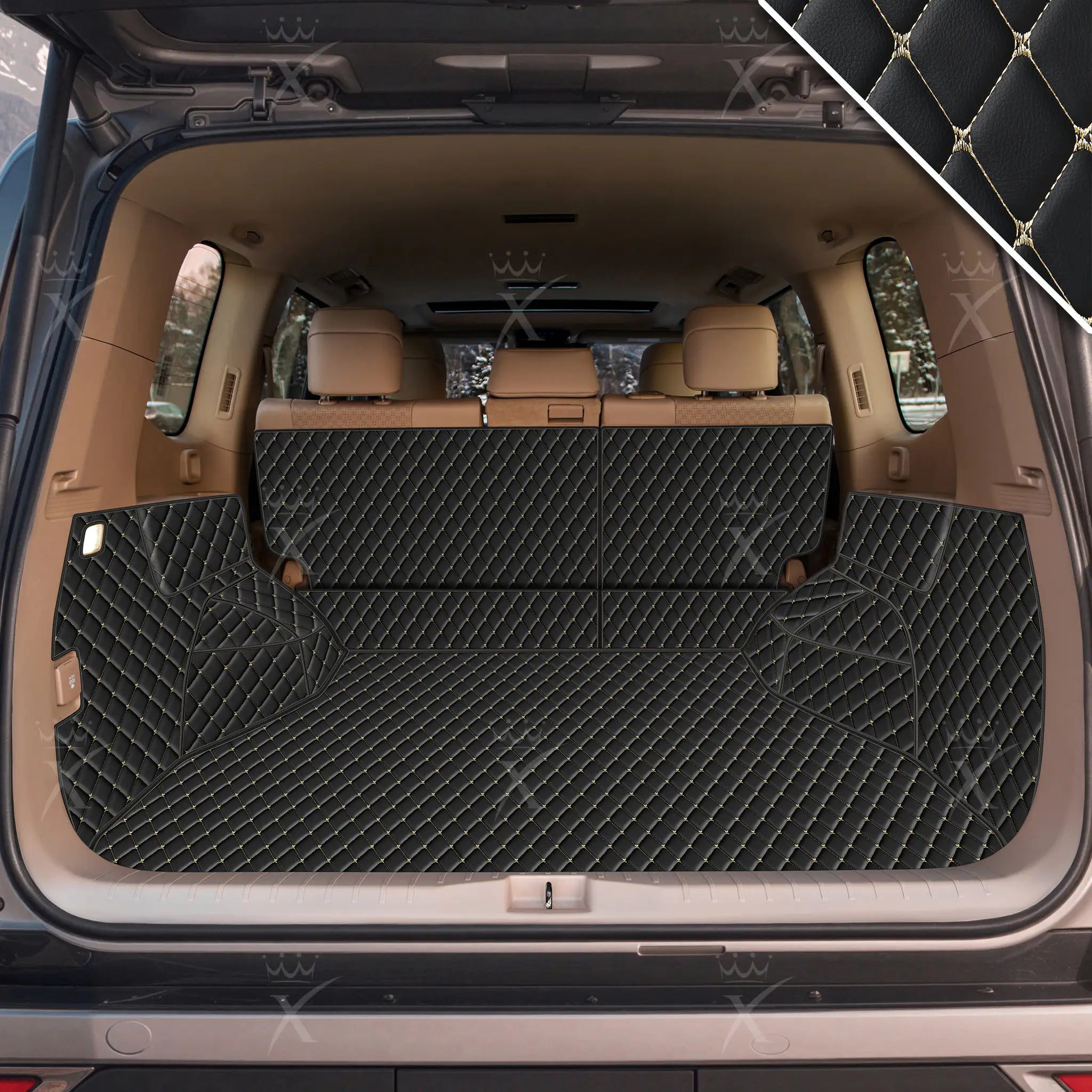 Luxus Car Mats™ - Svart og beige søm 3D luksuslærstøvel/bagasjematte