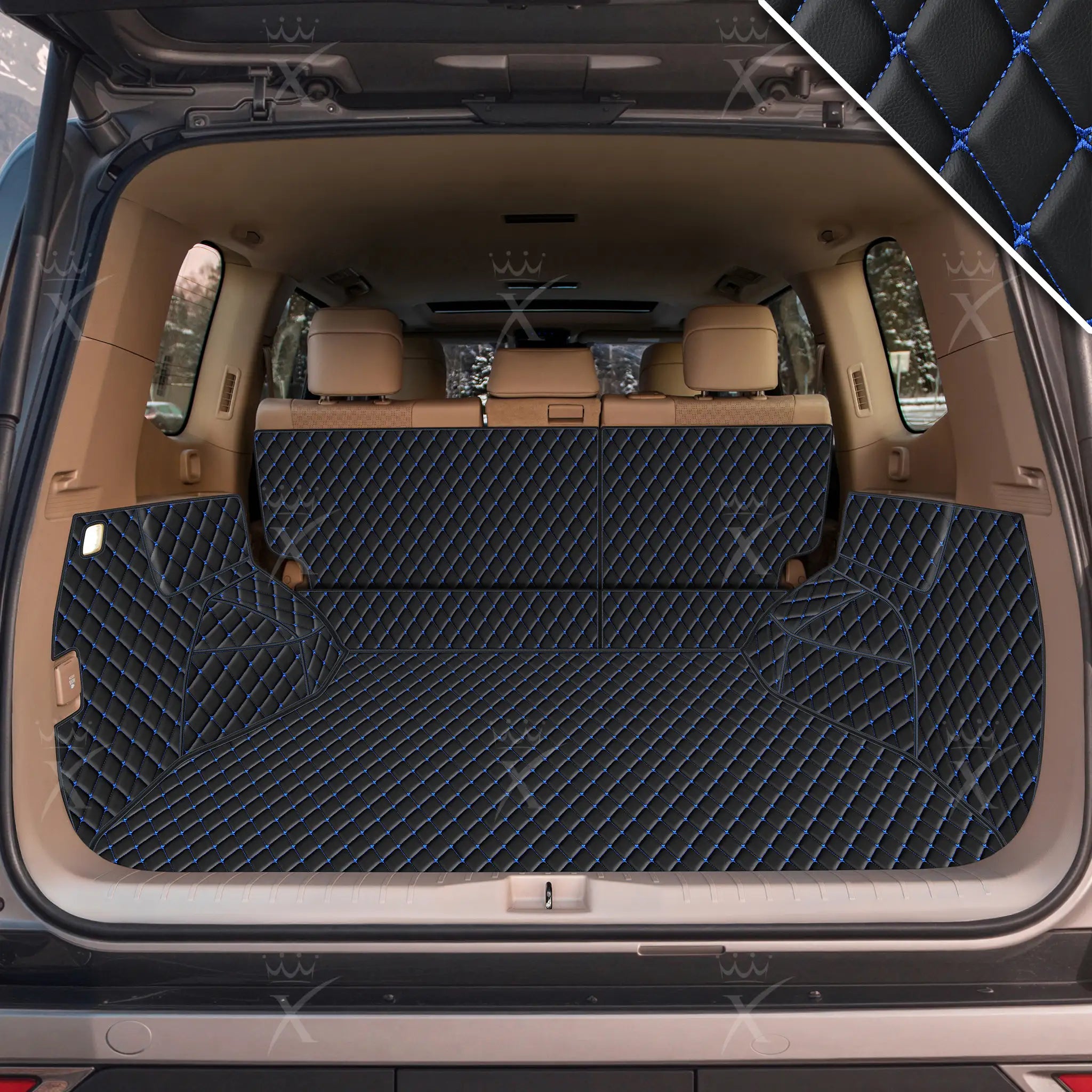 Luxus Car Mats™ - Svart og blå søm 3D luksuslærstøvel/bagasjematte