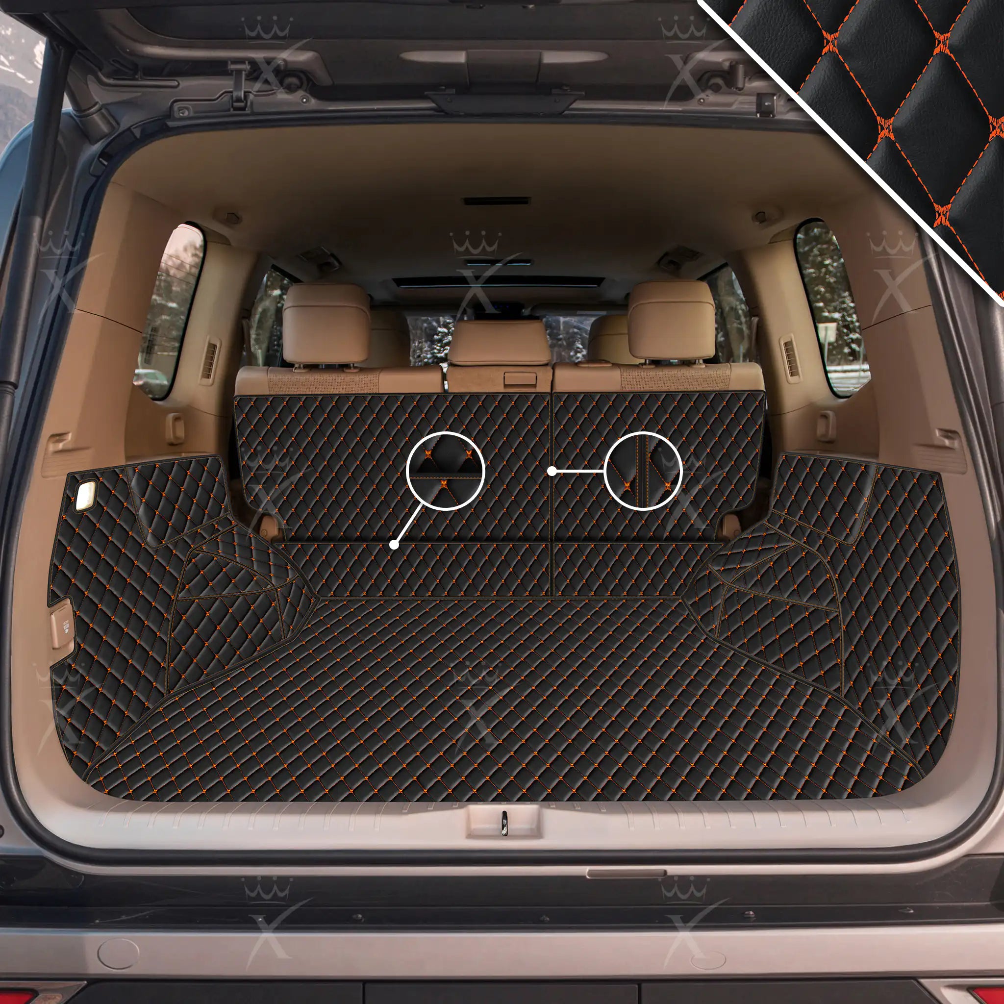 Luxus Car Mats™ - Svart og oransje søm 3D luksusskinnstøvel/bagasjematte