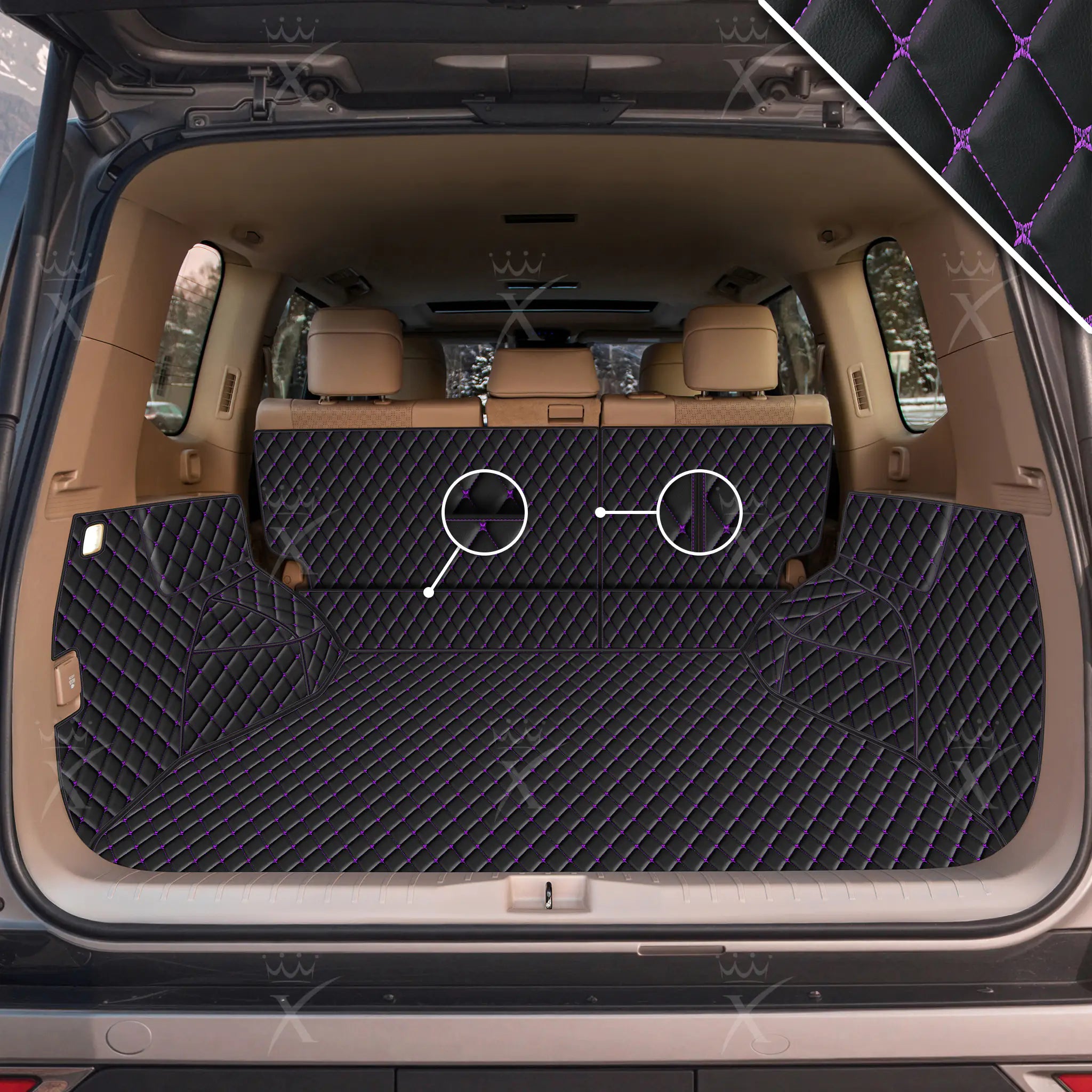 Luxus Car Mats™ - Tapete para maletero/maletero de cuero de lujo en 3D con costuras negras y moradas