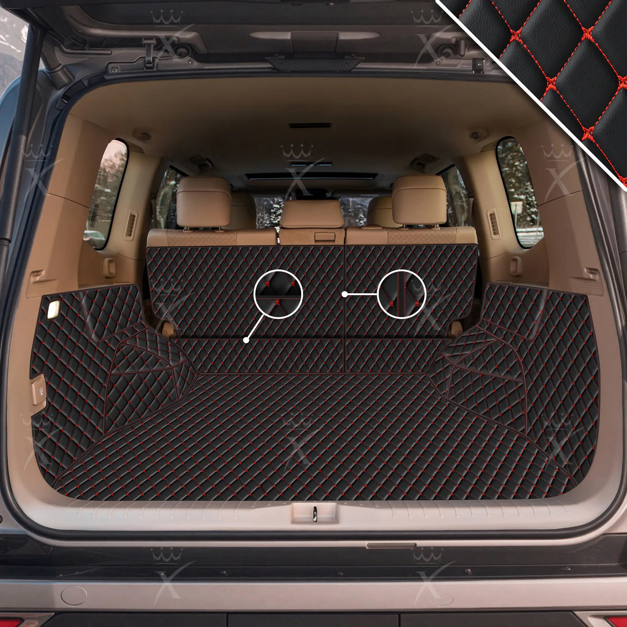 Luxus Car Mats™ - Alfombrilla para maletero/maletero de cuero de lujo en 3D con costuras negras y rojas