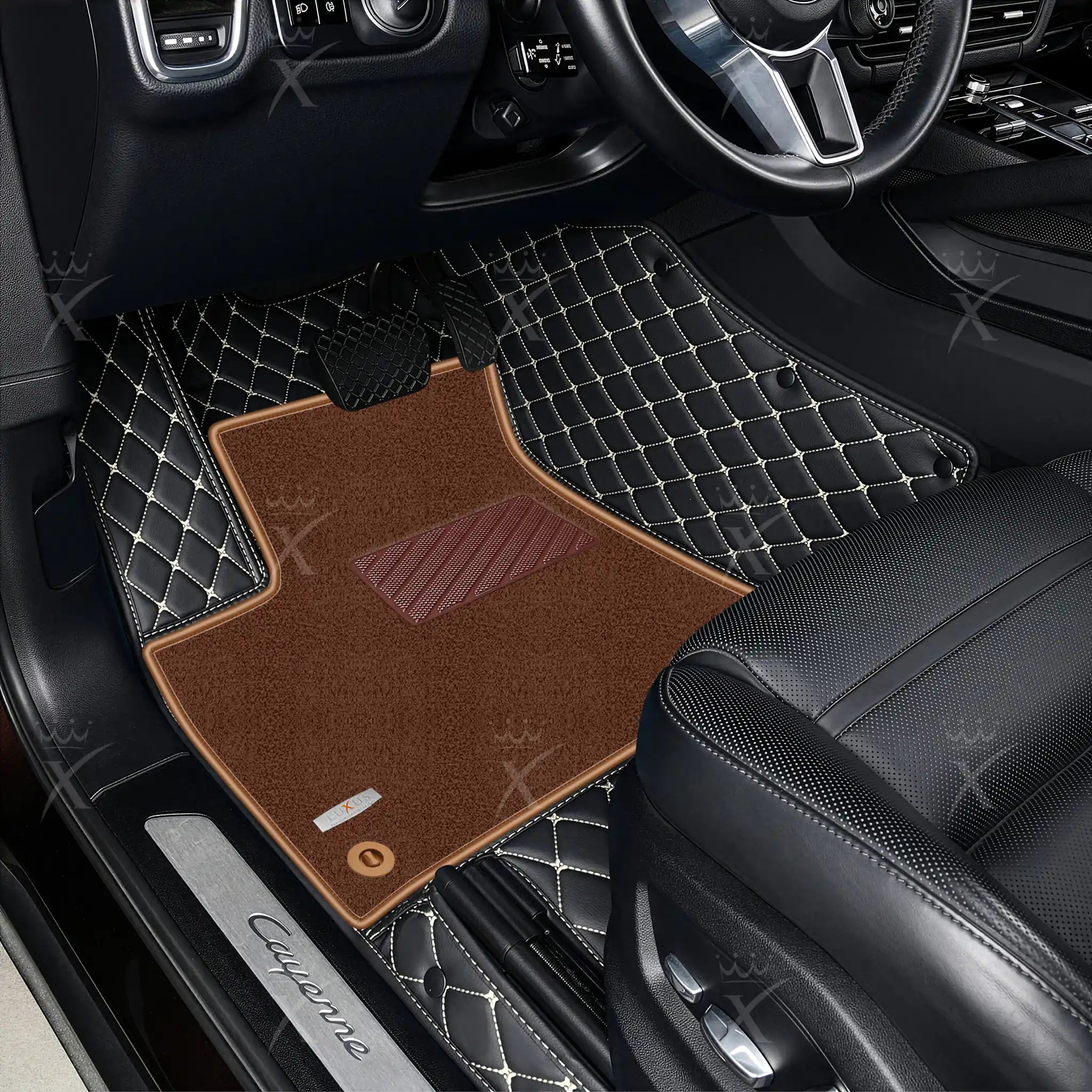 Black & Beige Stitching Diamond & Brown Carpet | Double Layer Luxury Car Mats Set