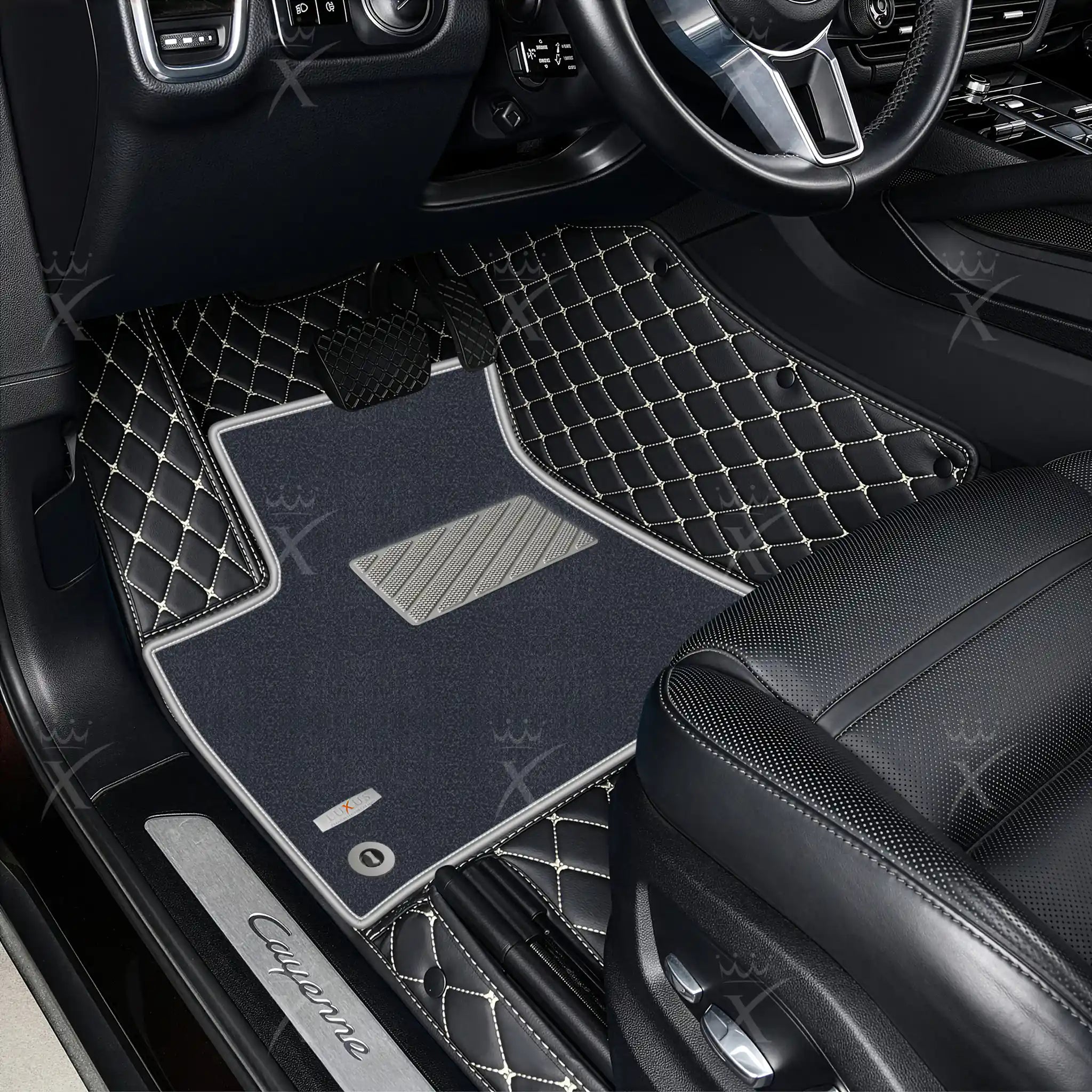 Luxus Diamond Double Layer Series Floor Mats | Black & Beige Diamond Stitching & Gray Top Carpet