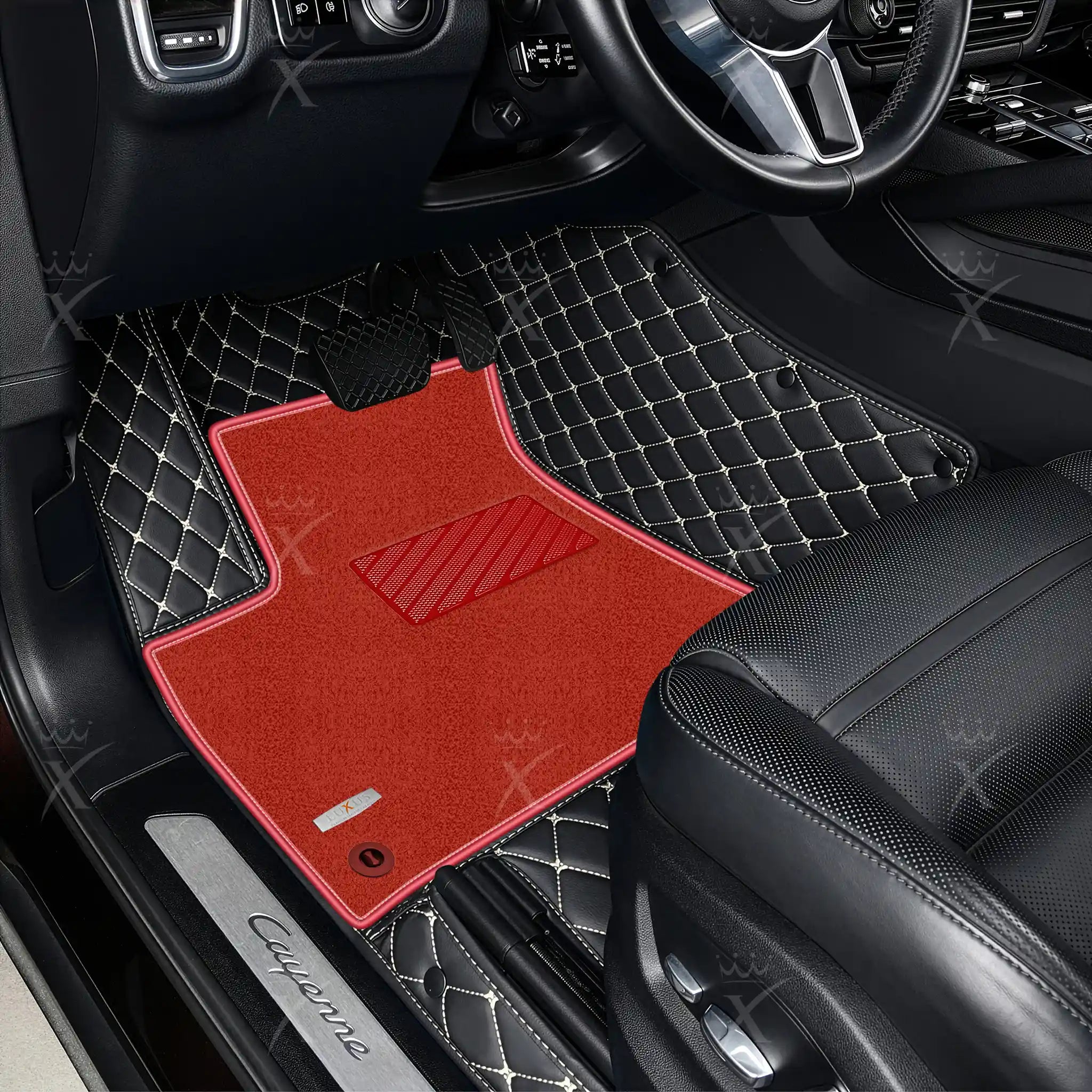 Black & Beige Stitching Diamond & Red Carpet | Double Layer Luxury Car Mats Set