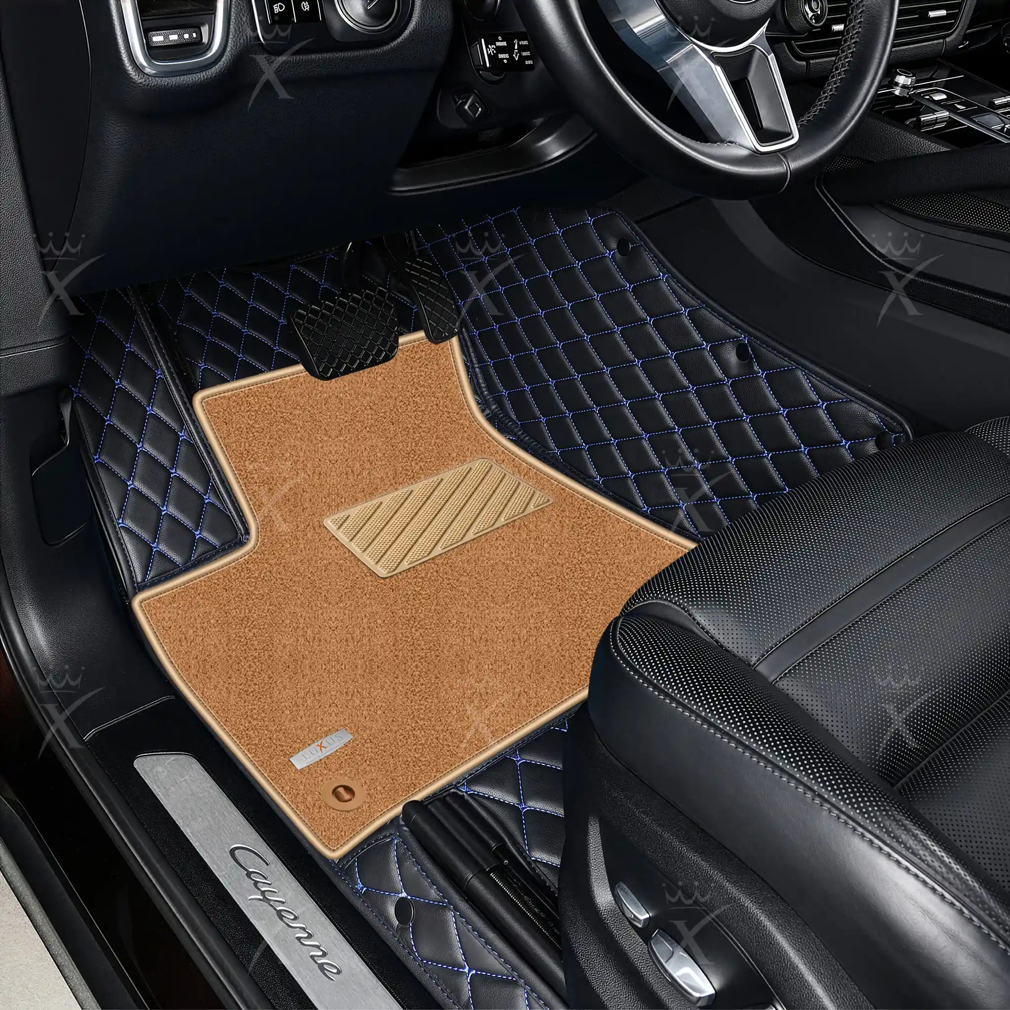 Black & Blue Stitching Diamond & Beige Carpet | Double Layer Luxury Car Mats Set
