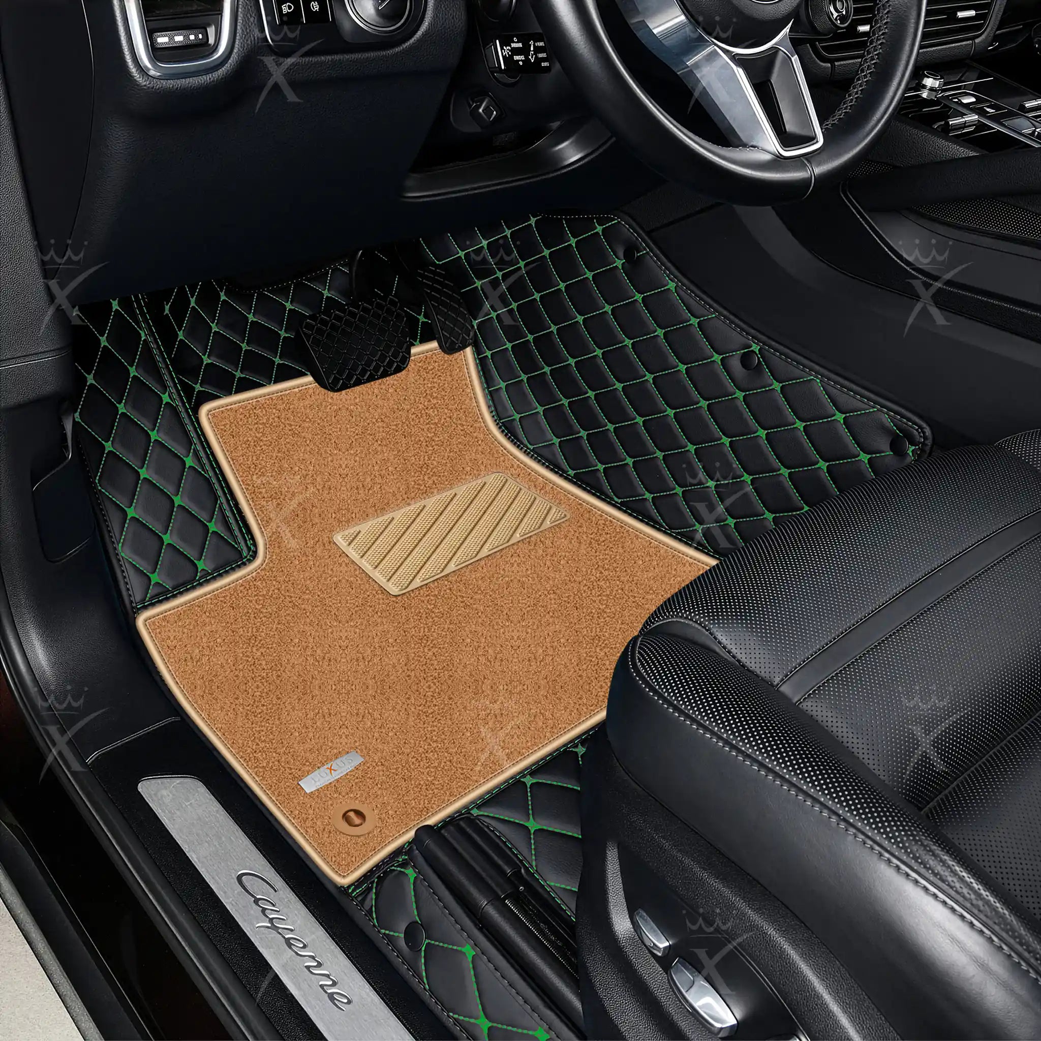 Luxus Diamond Double Layer Series Floor Mats | Black & Green Stitching & Beige Top Carpet