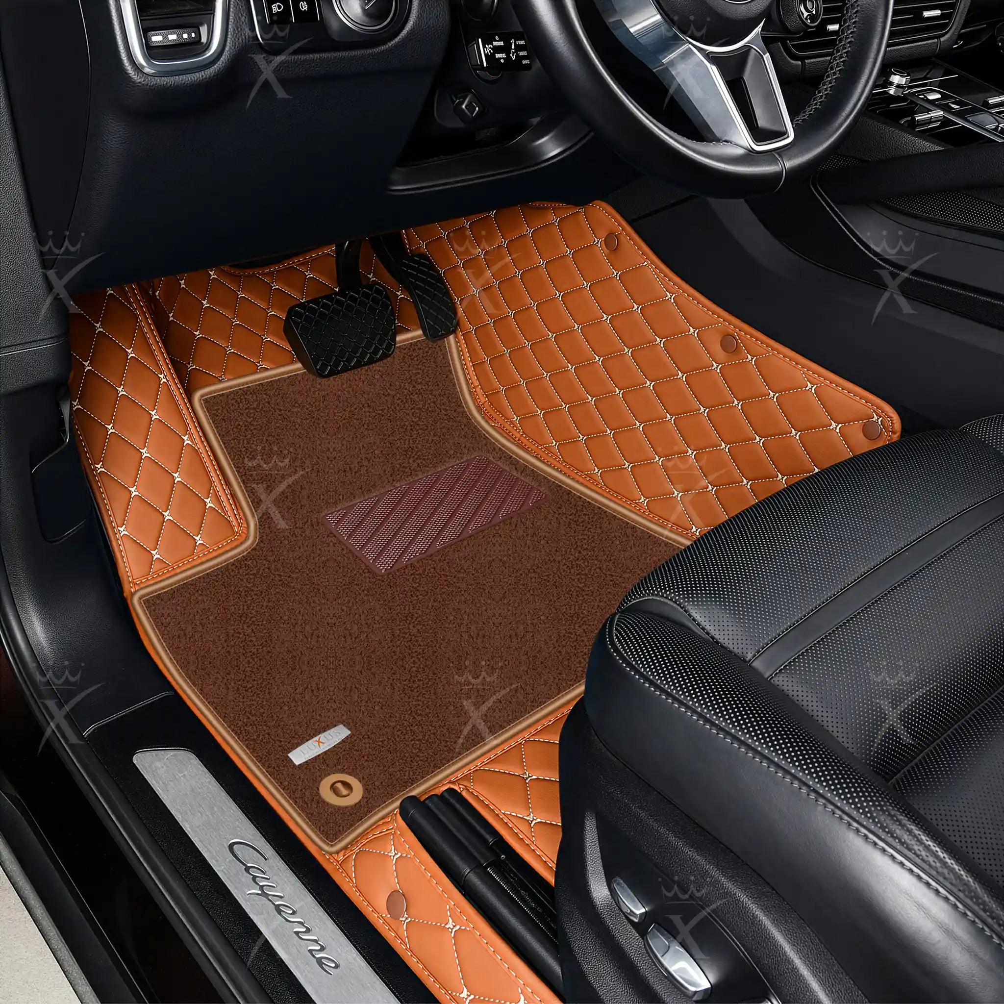 Caramel Brown Diamond & Brown Carpet | Double Layer Luxury Car Mats Set